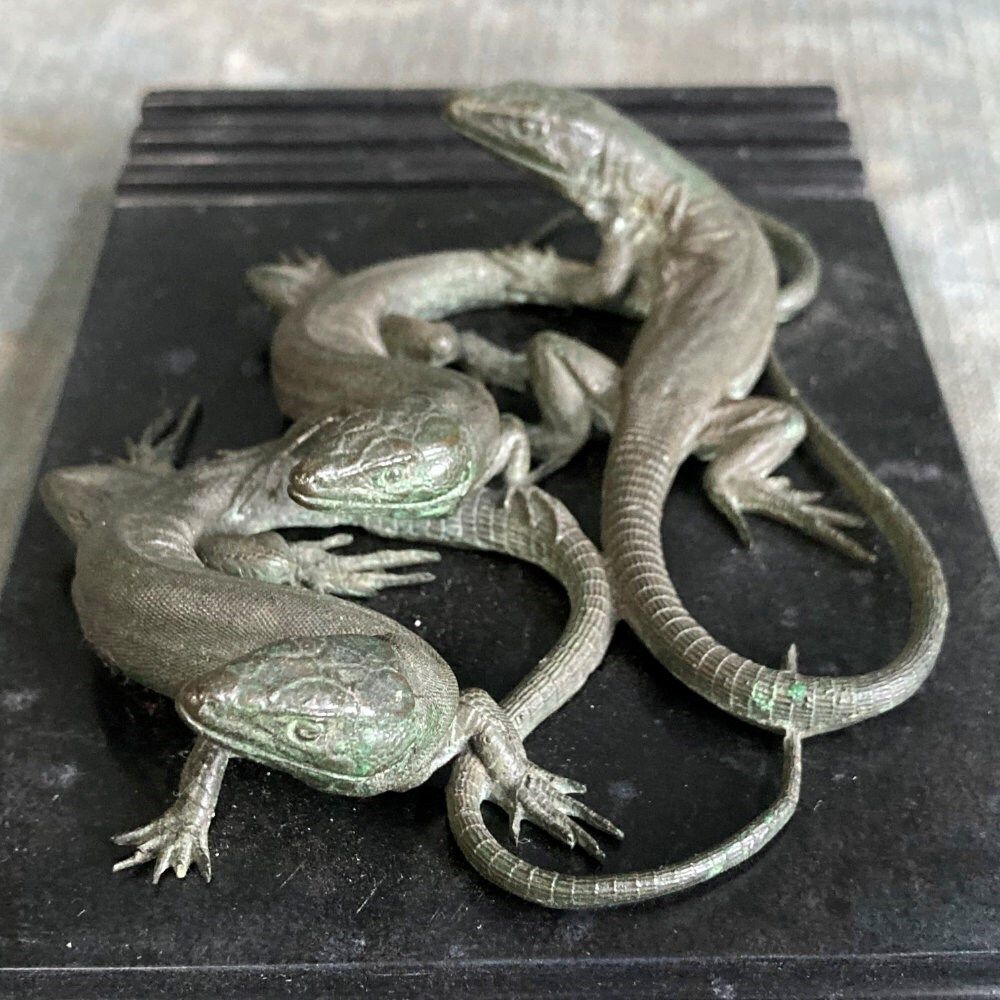 19th C. Bronze Lizards Marble Paperweight