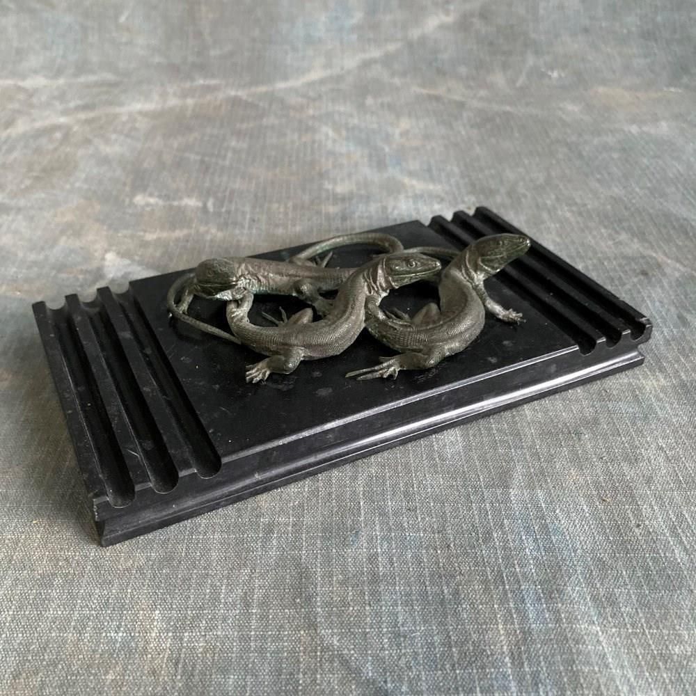 19th C. Bronze Lizards Marble Paperweight photo vintage
