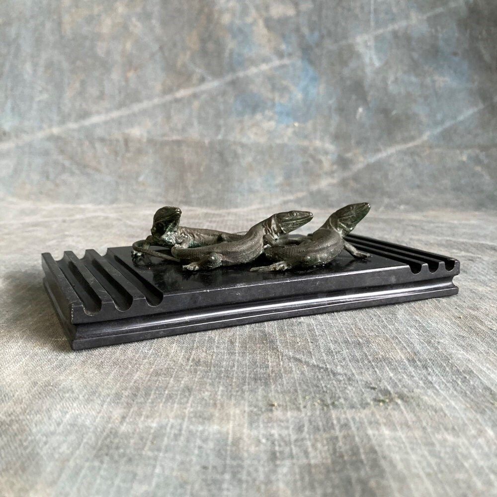 photo for sale 19th C. Bronze Lizards Marble Paperweight