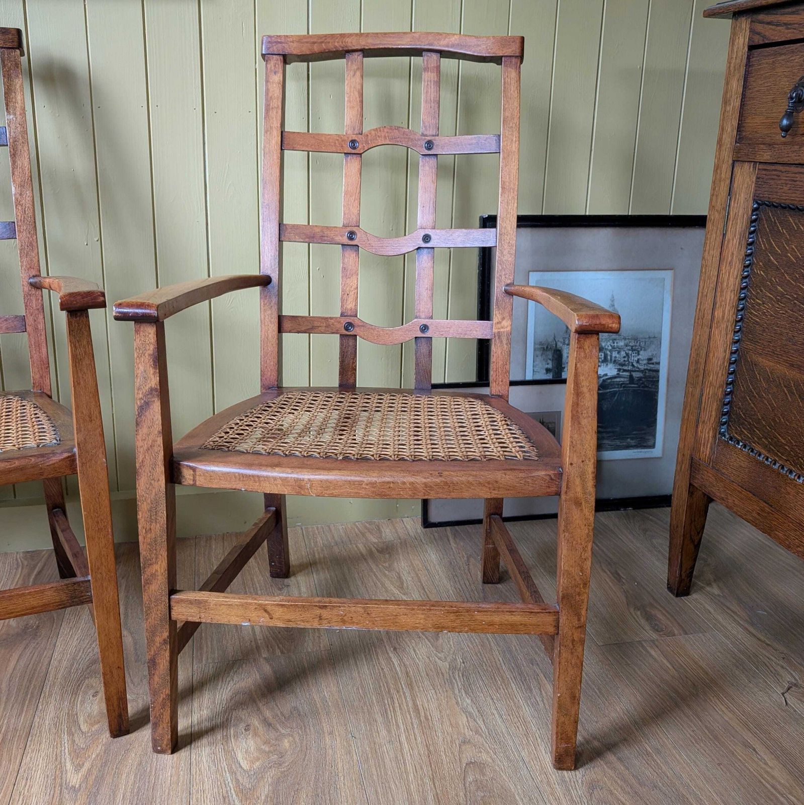 Pair Of Arts And Crafts Oak Fireside Chairs photo for sale