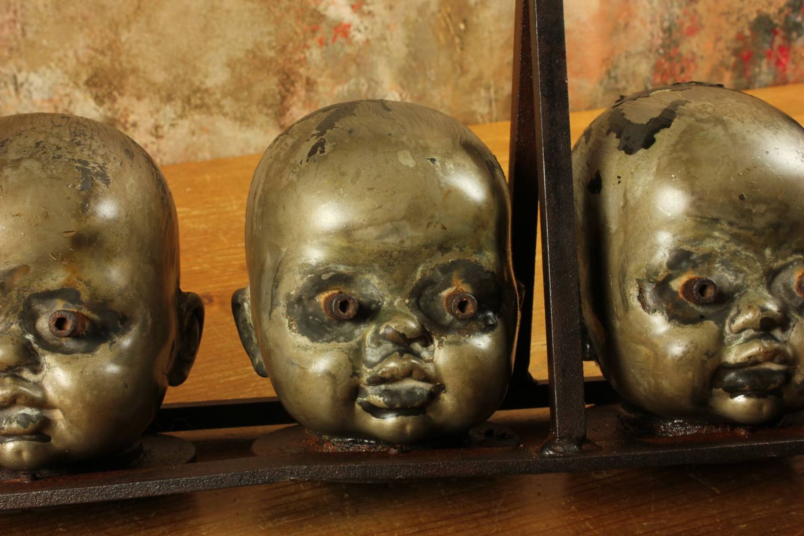 Set Of 5 Vintage Doll Head Factory Moulds In Frame. Freaky Macabre Curio. photo for sale