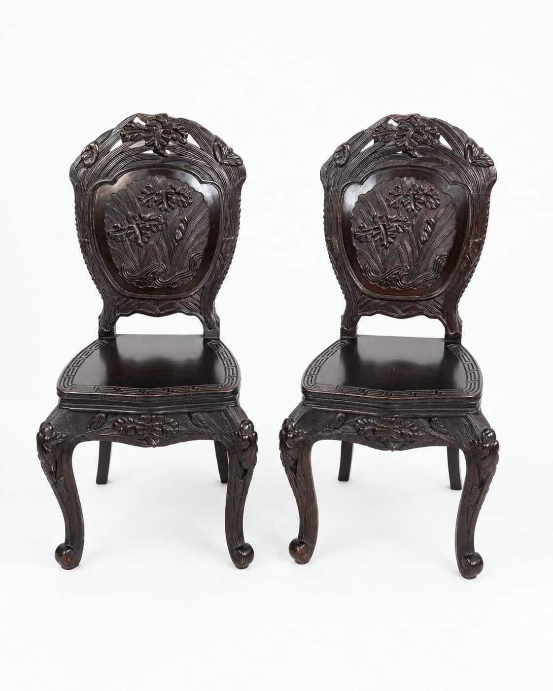 Pair Of Early 20th Century Oriental Hardwood Carved Chairs