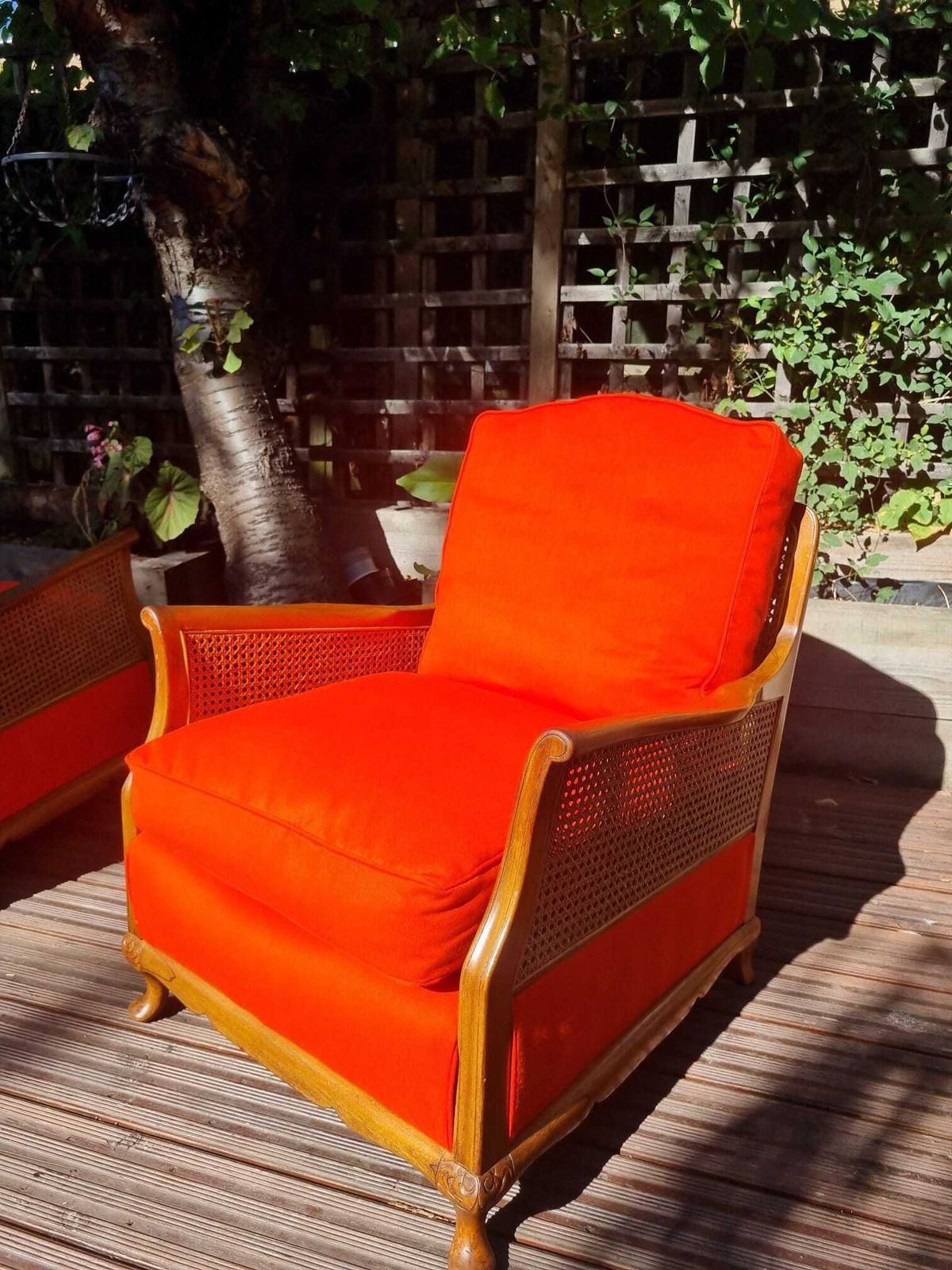 895.0 1920s French Style Bergere Suite   Burnt Orange, Walnut & Double Walled Cane photo