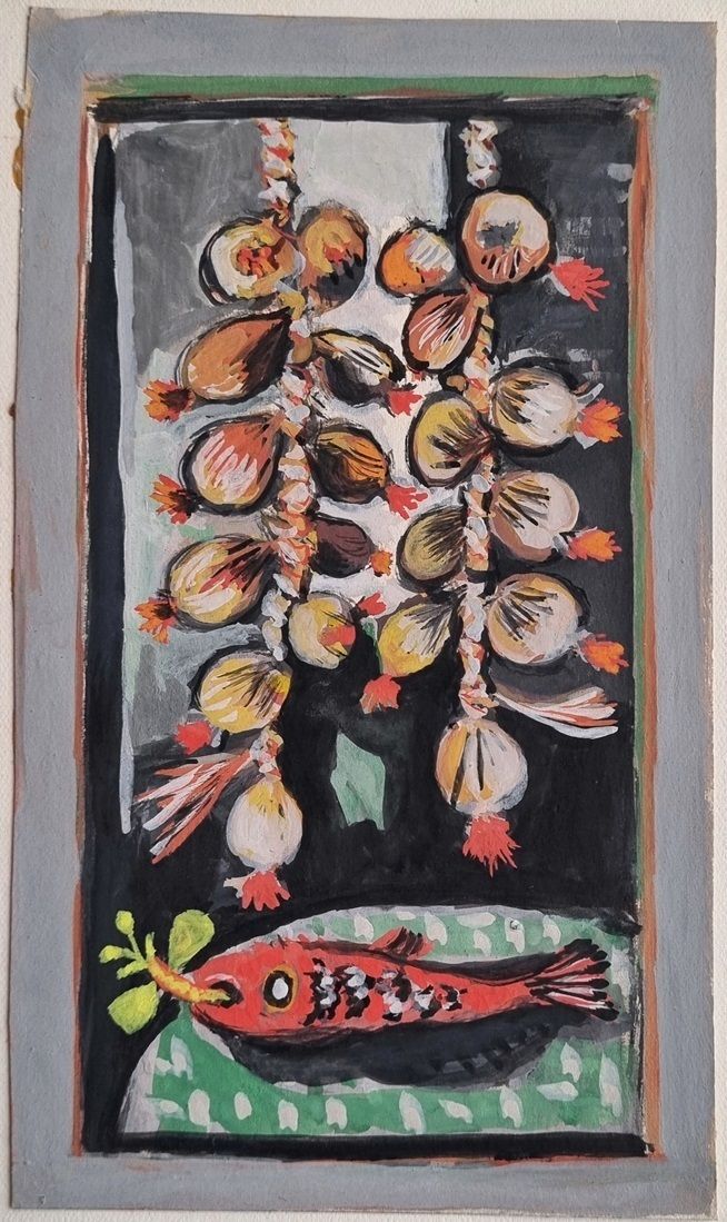 Jacob Bornfriend   Red Herring And French Onions (1969s Gouache Painting)