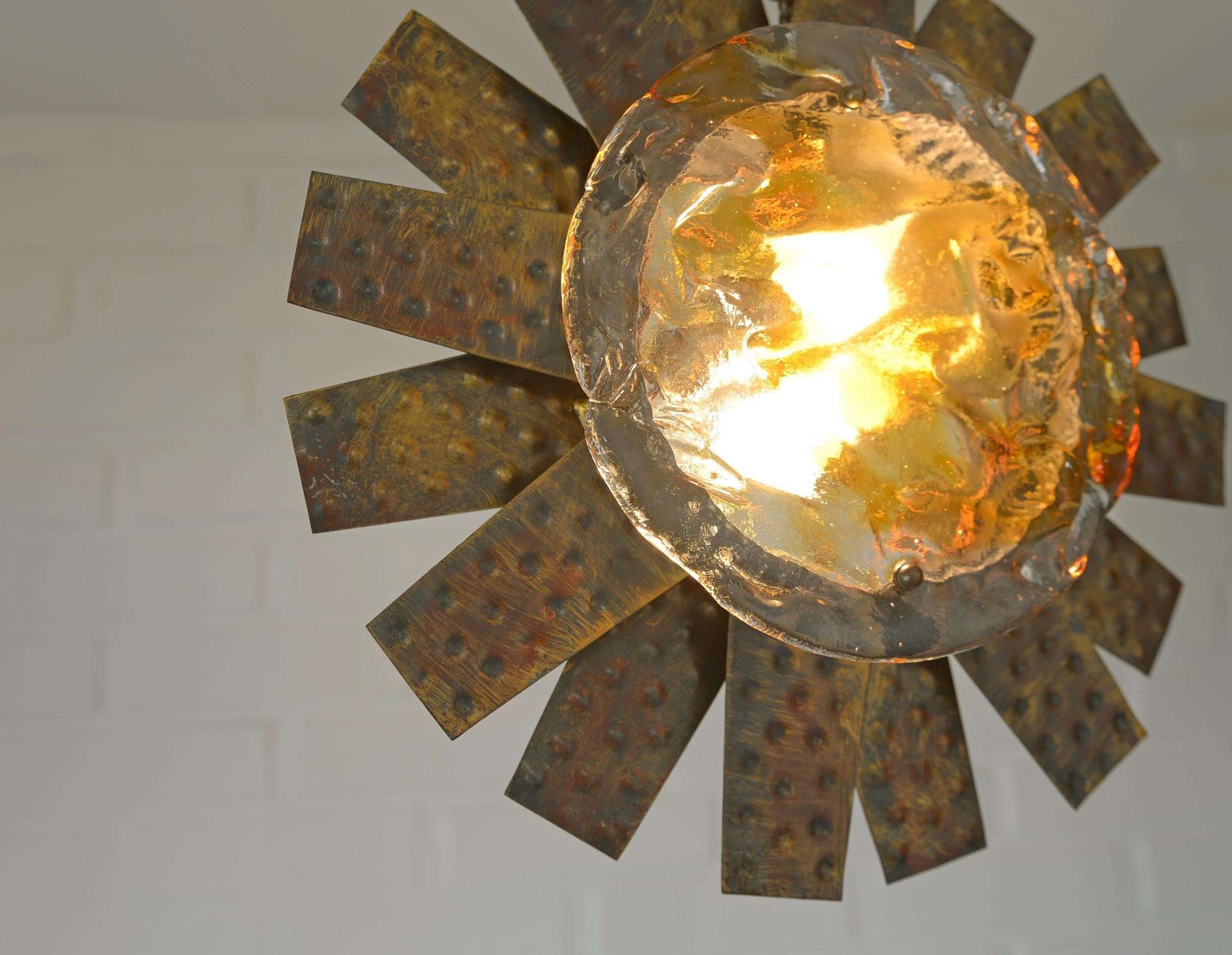 Vintage Italian Murano Style Pendant Light 1970s / Brutalist Sunburst Copper Hanging Lamp photo furniture