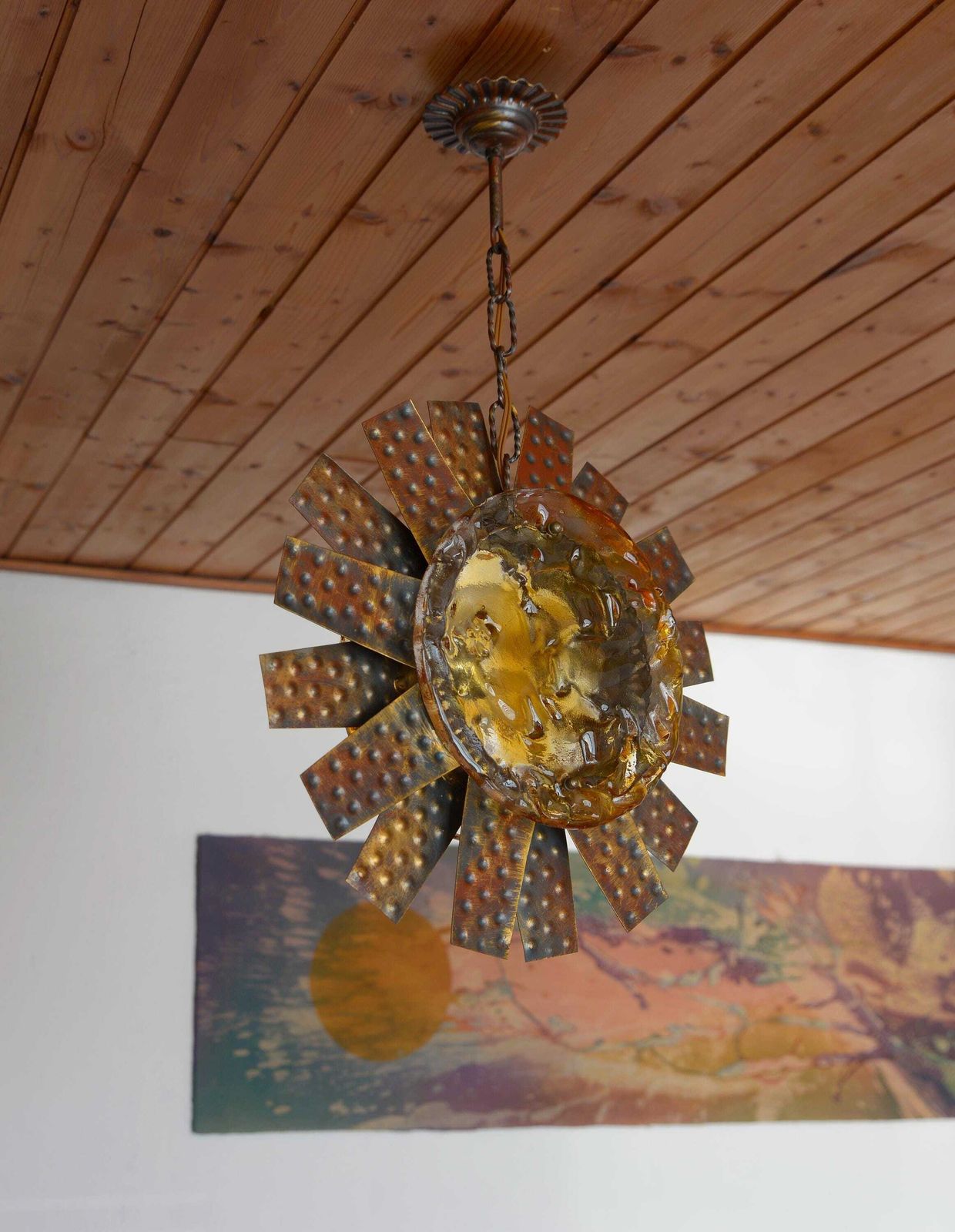 Vintage Italian Murano Style Pendant Light 1970s / Brutalist Sunburst Copper Hanging Lamp photo Lighting
