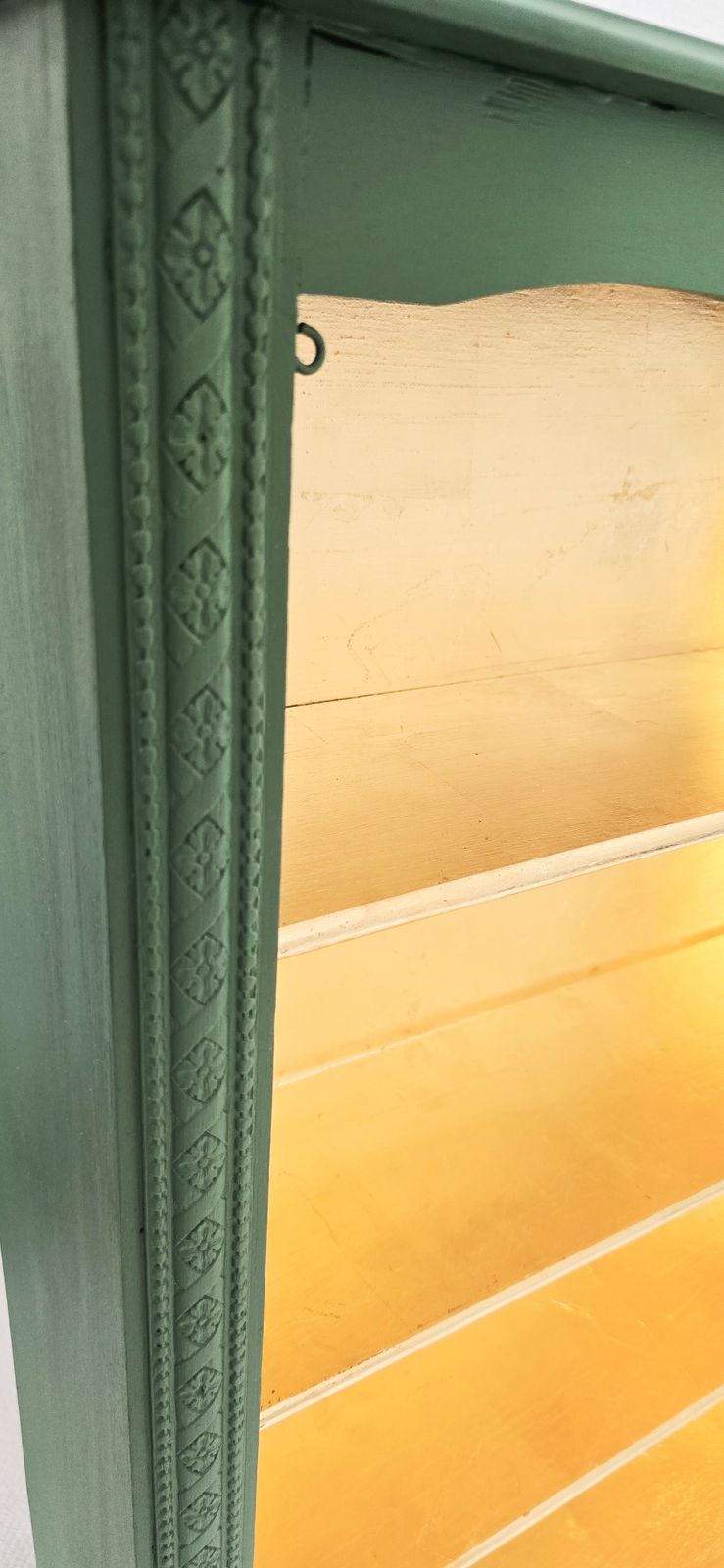 photo for sale Antique Oak Painted Bookcase, Green And Gold Leaf.