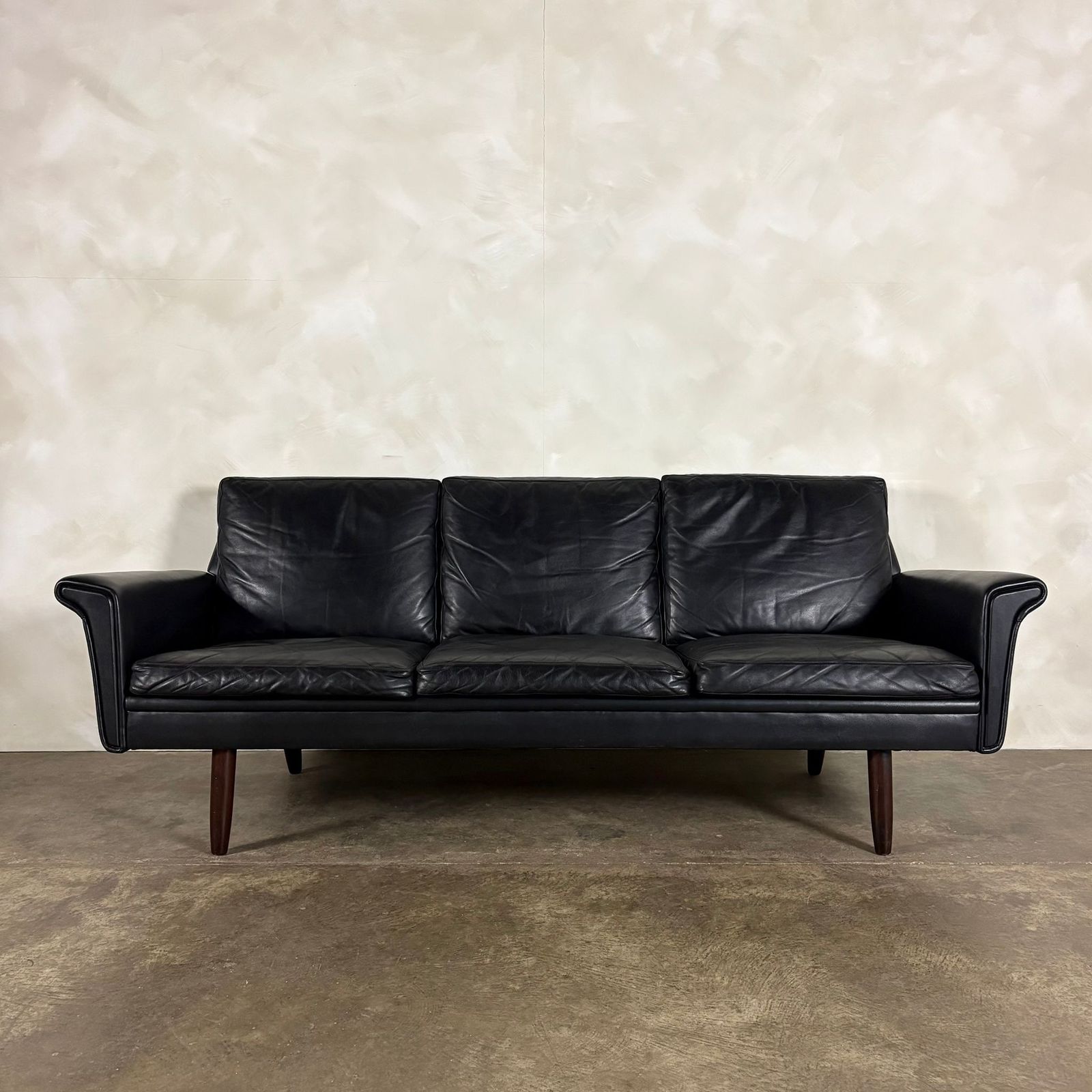 Black Leather Three Seater Sofa Danish 1960s Mid Century Retro Mcm