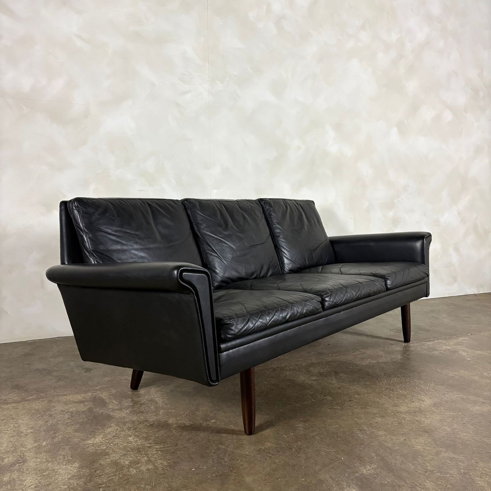 Black Leather Three Seater Sofa Danish 1960s Mid Century Retro Mcm photo furniture