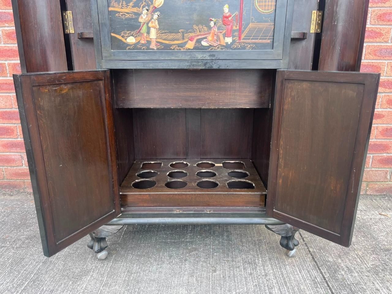 Vintage Chinese Black Lacquer With Oriental Figures Cocktail Bar Drinks Cabinet photo vintage