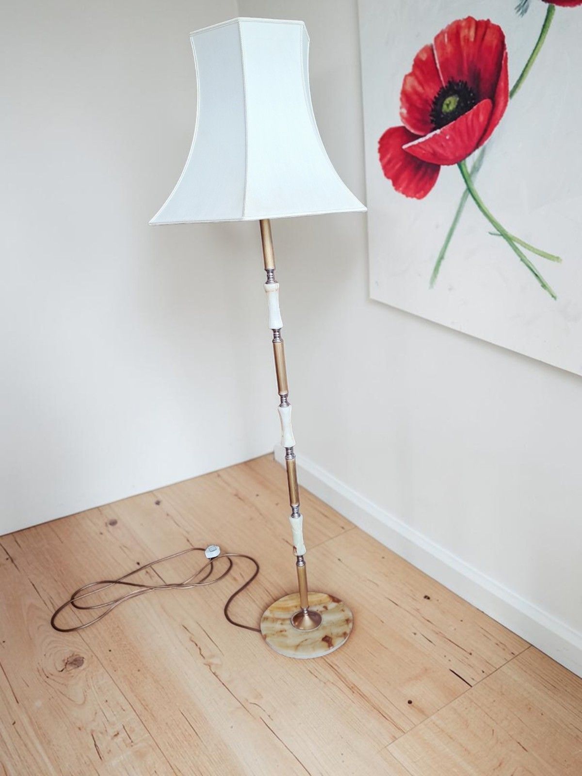 Vintage Floor Lamp Onyx Brass Stand Antique Light Art Deco + Lampshade 1930