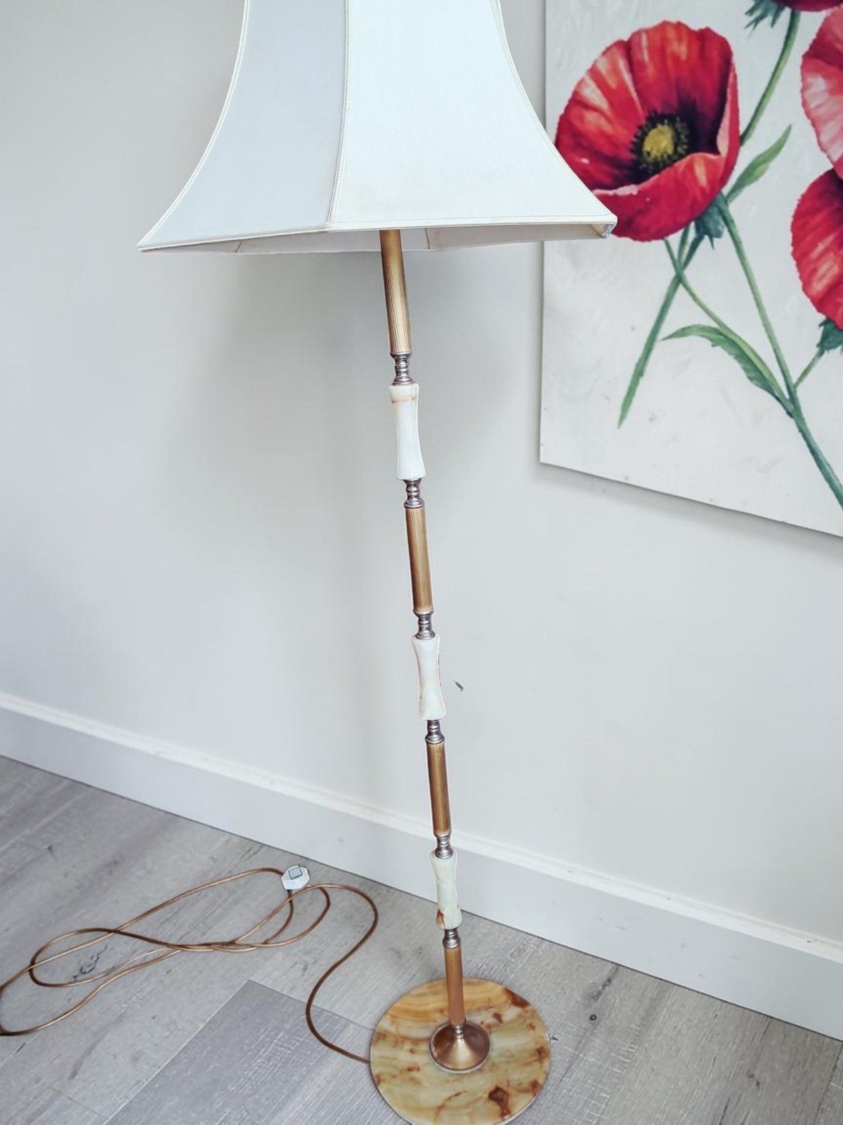 Vintage Floor Lamp Onyx Brass Stand Antique Light Art Deco + Lampshade 1930 photo for sale