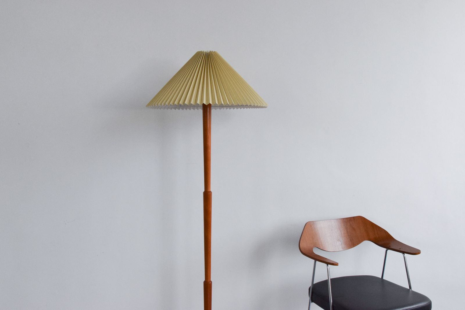 Vintage Wooden Floor Lamp With New Pleated Beige Shade