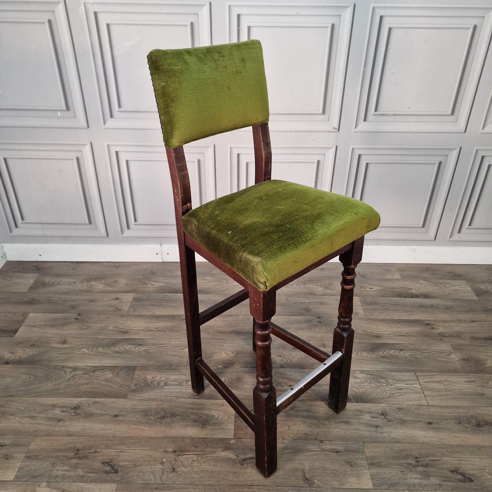 Vintage Tall Stool Chair Upholstered Green Solid Wooden Breakfast Bar Seat Pub photo furniture