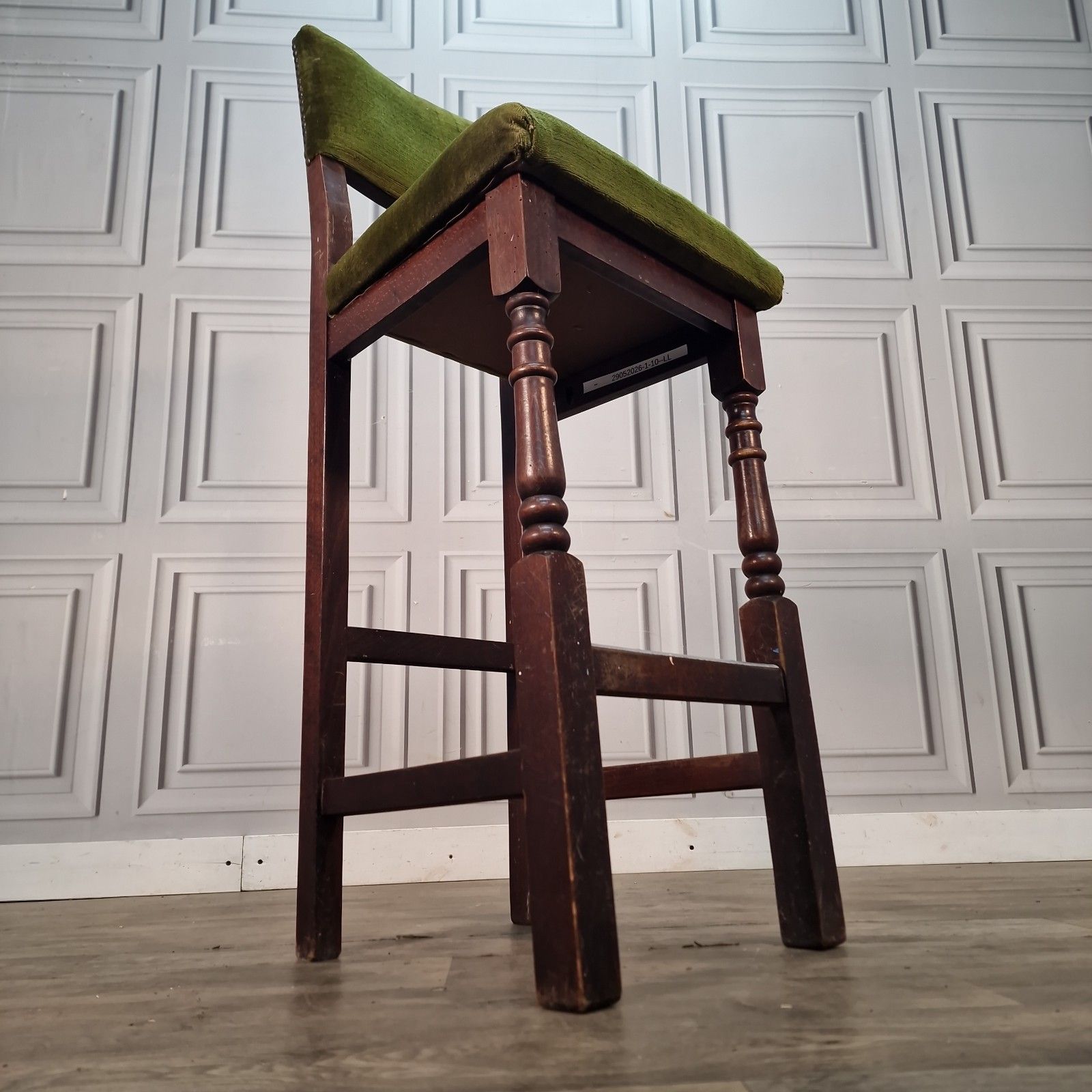 Vintage Tall Stool Chair Upholstered Green Solid Wooden Breakfast Bar Seat Pub photo for sale