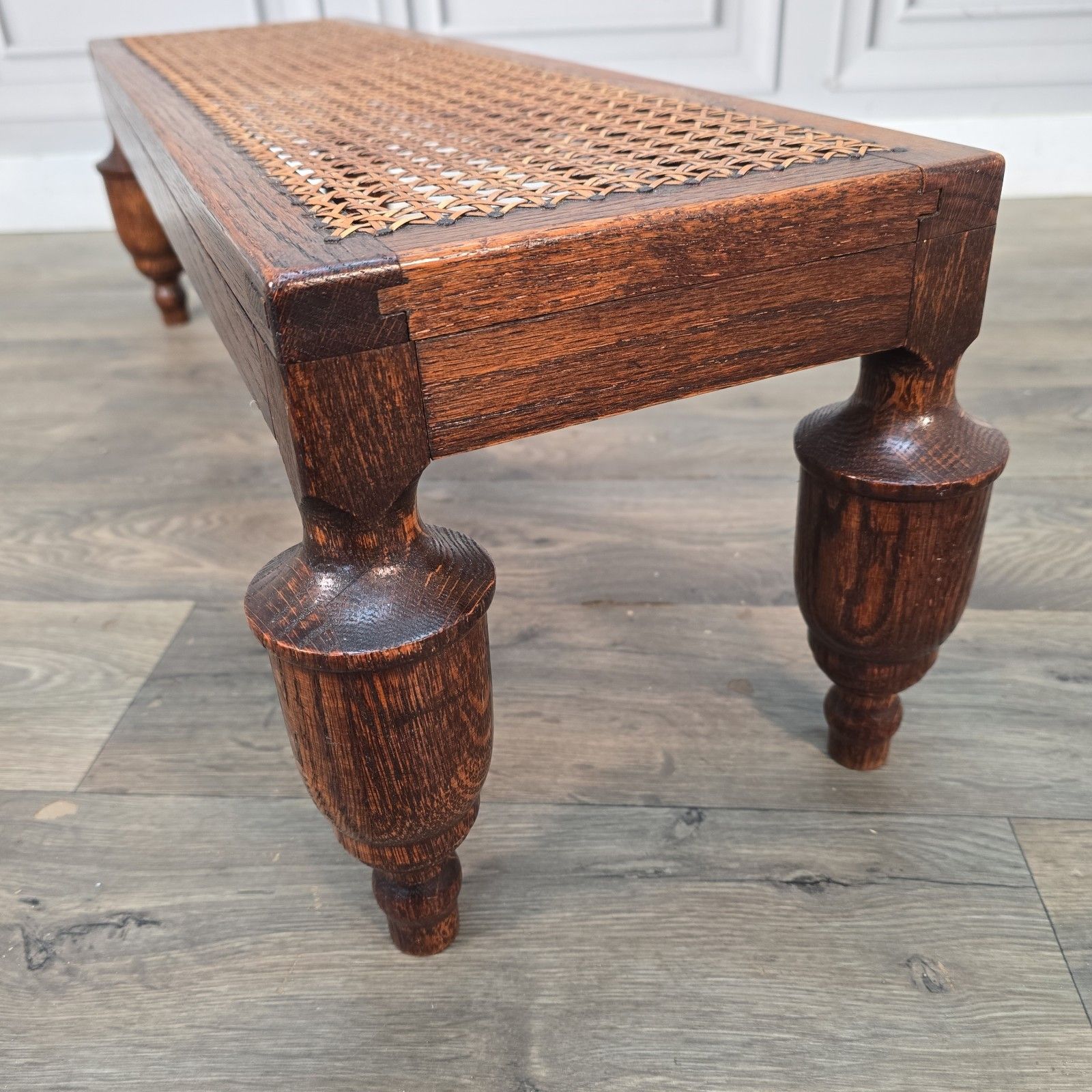190.0 Antique Edwardian Oak Footstool Cane Fireside Fender Stool Bench Solid Wood photo