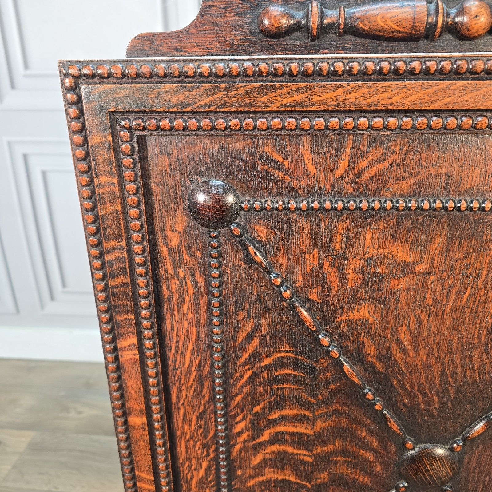 Antique Oak Fire Screen Jacobean Revival Fireside Guard Decorative Stand Wooden photo vinterior