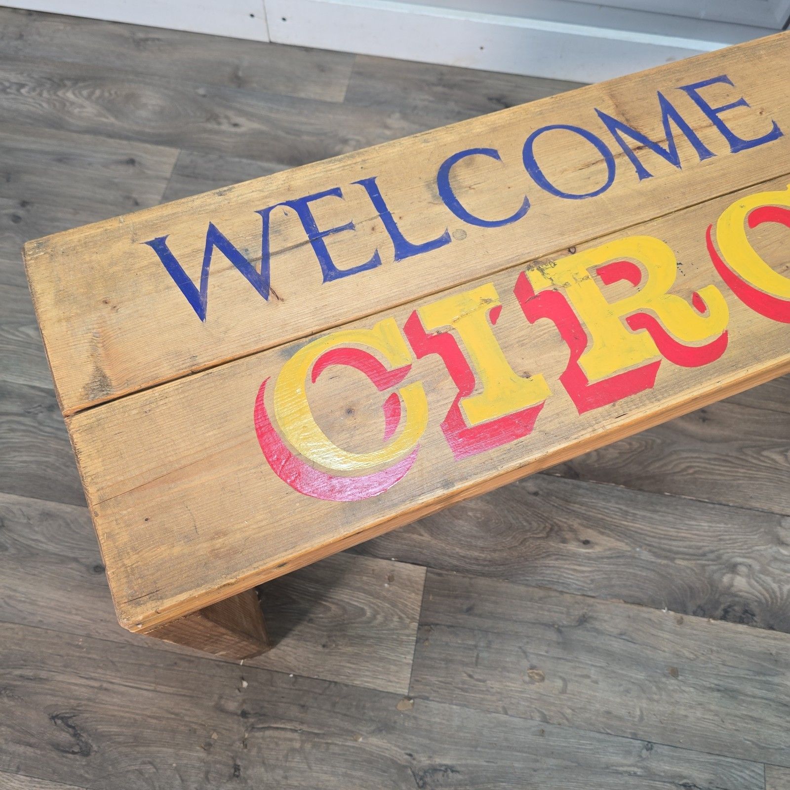 photo furniture Vintage Rustic Bench Circus Sign Solid Pine Folk Art Industrial Style Seat