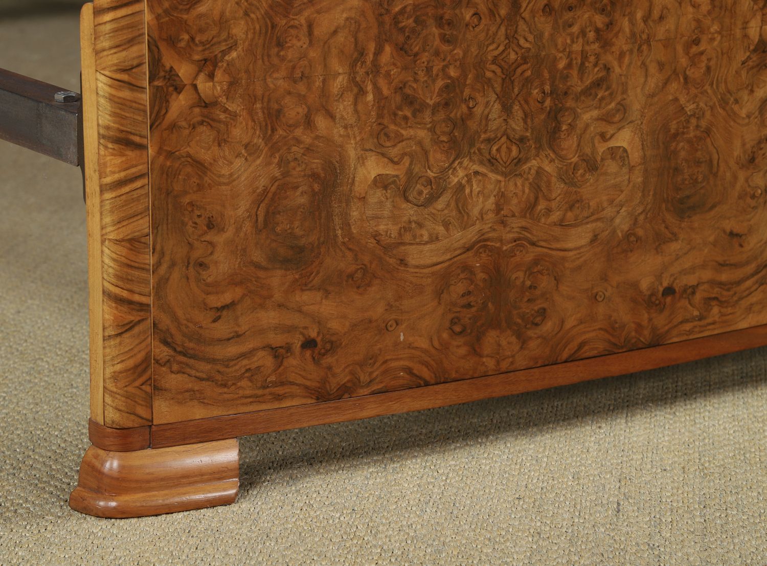 English Art Deco Burr Walnut 4ft 6” Curved Cloud Shaped Double Size Bed (Circa 1930) photo 2095.0