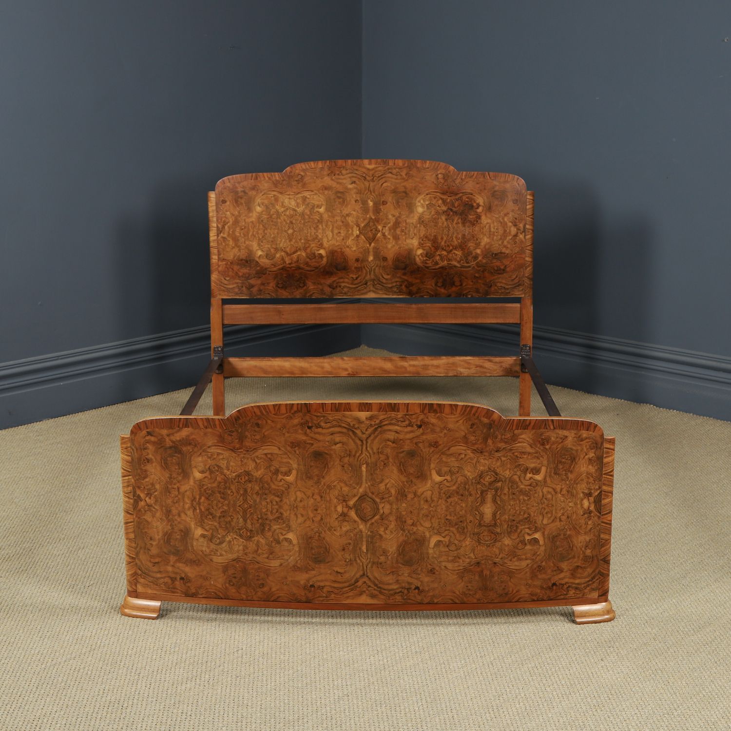 Furniture English Art Deco Burr Walnut 4ft 6” Curved Cloud Shaped Double Size Bed (Circa 1930) photo