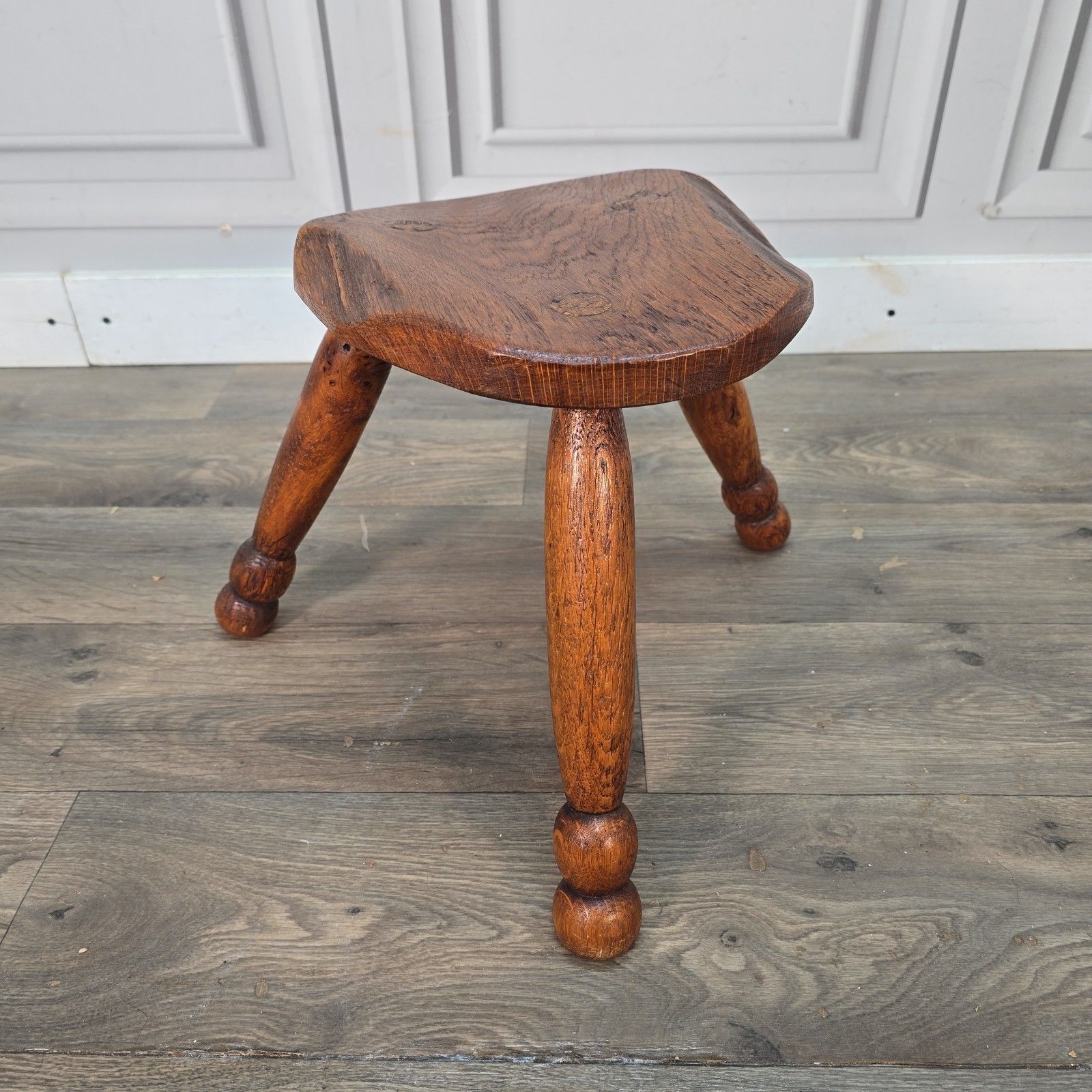 photo for sale Antique Elm Milking Stool Wooden Rustic Country Farmhouse Three Leg Foot Stool