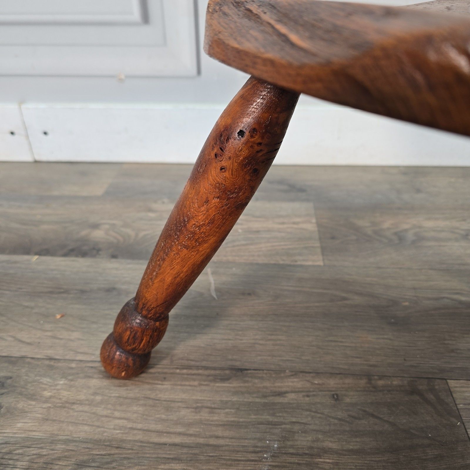 Furniture Antique Elm Milking Stool Wooden Rustic Country Farmhouse Three Leg Foot Stool photo