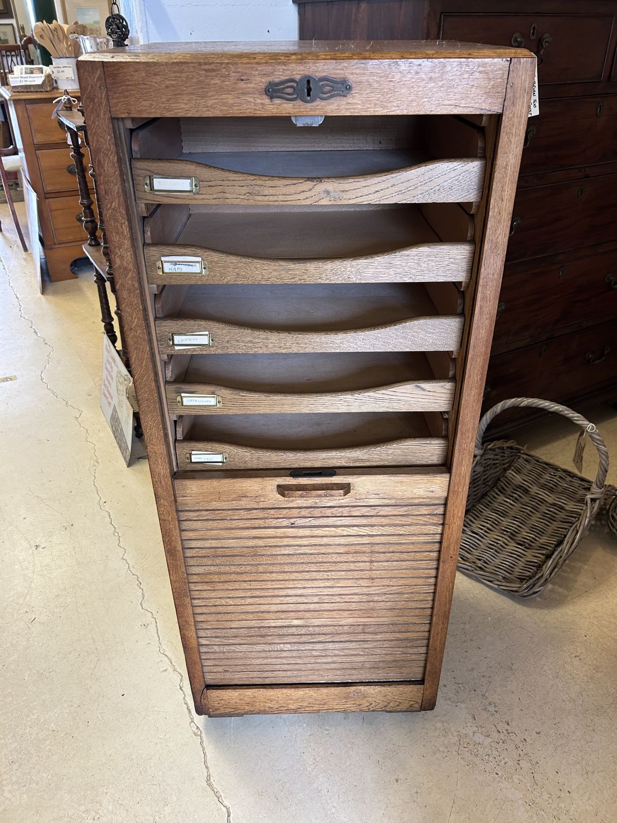 Oak Tambour Filing Cabinet With Working Key photo for sale