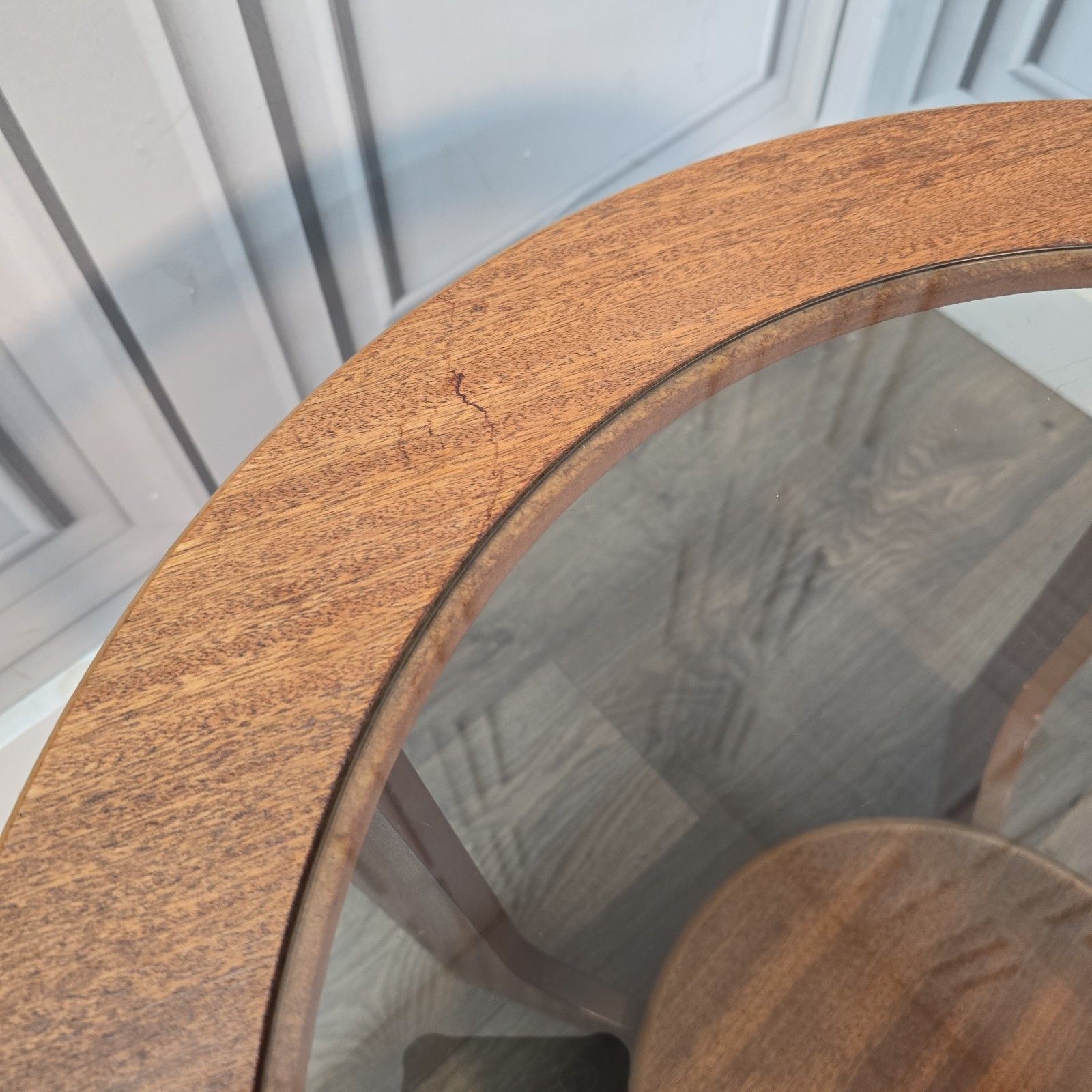 Mid Century Coffee Table Round Wood Teak Effect Vintage Glass Top Retro Mcm photo vintage