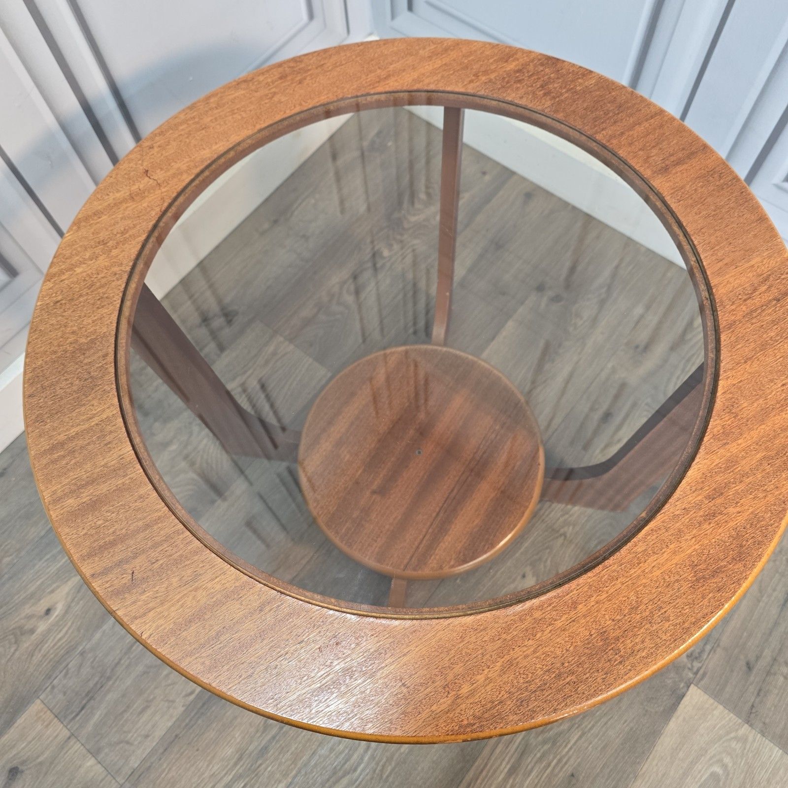 photo for sale Mid Century Coffee Table Round Wood Teak Effect Vintage Glass Top Retro Mcm