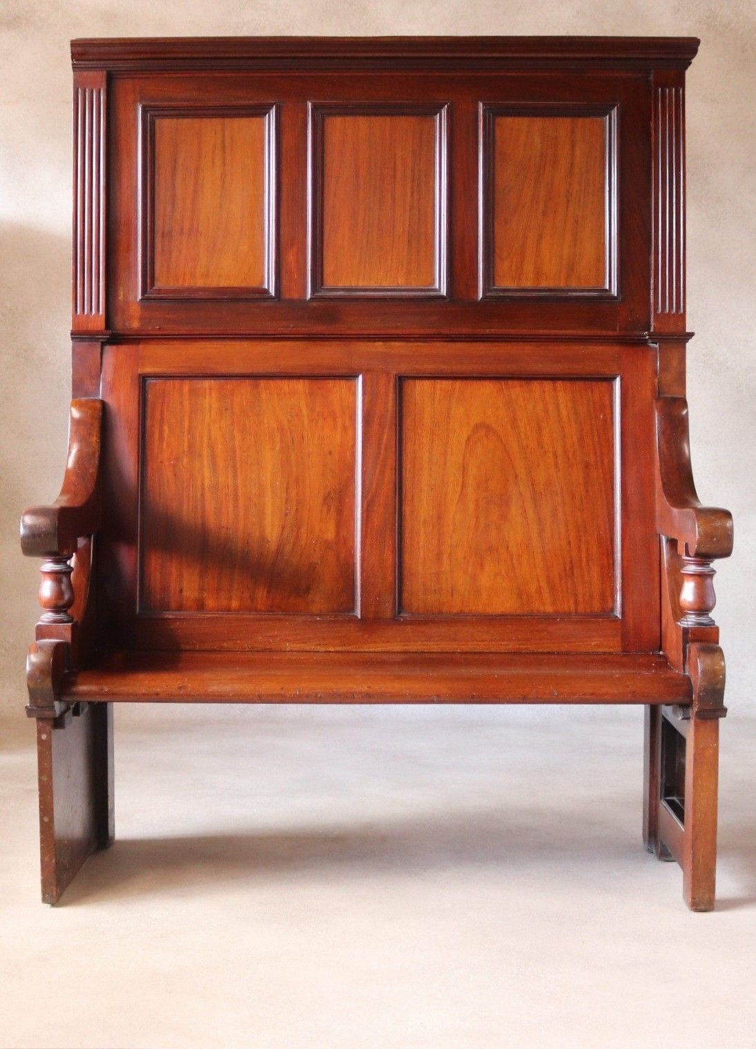 Antique Victorian Mahogany Hall Settle Bench With Panelled High Back C.1890