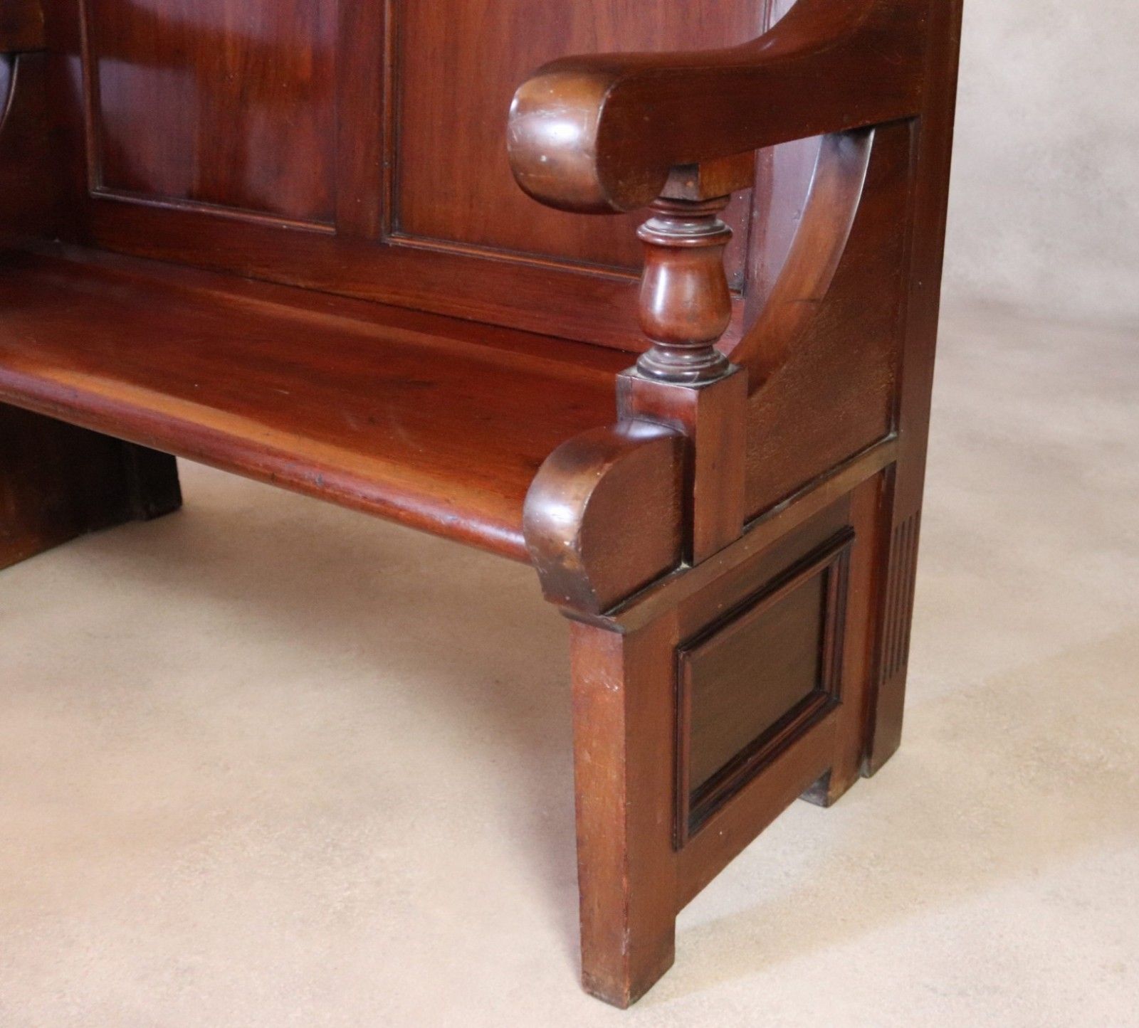Antique Victorian Mahogany Hall Settle Bench With Panelled High Back C.1890 photo 695.0
