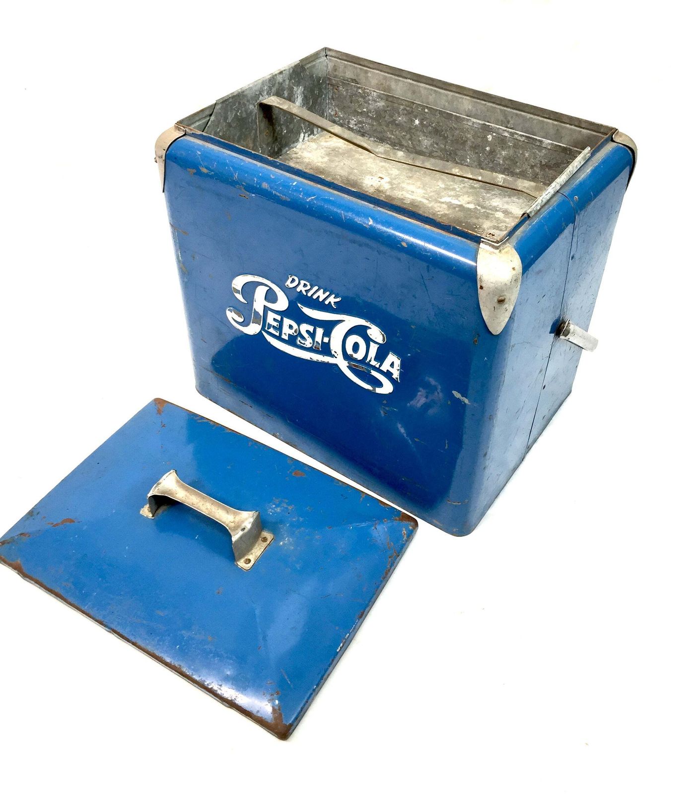 Antique Advertising   Original Blue Metal Pepsi Cola Picnic Cooler Box C.1950 photo vintage