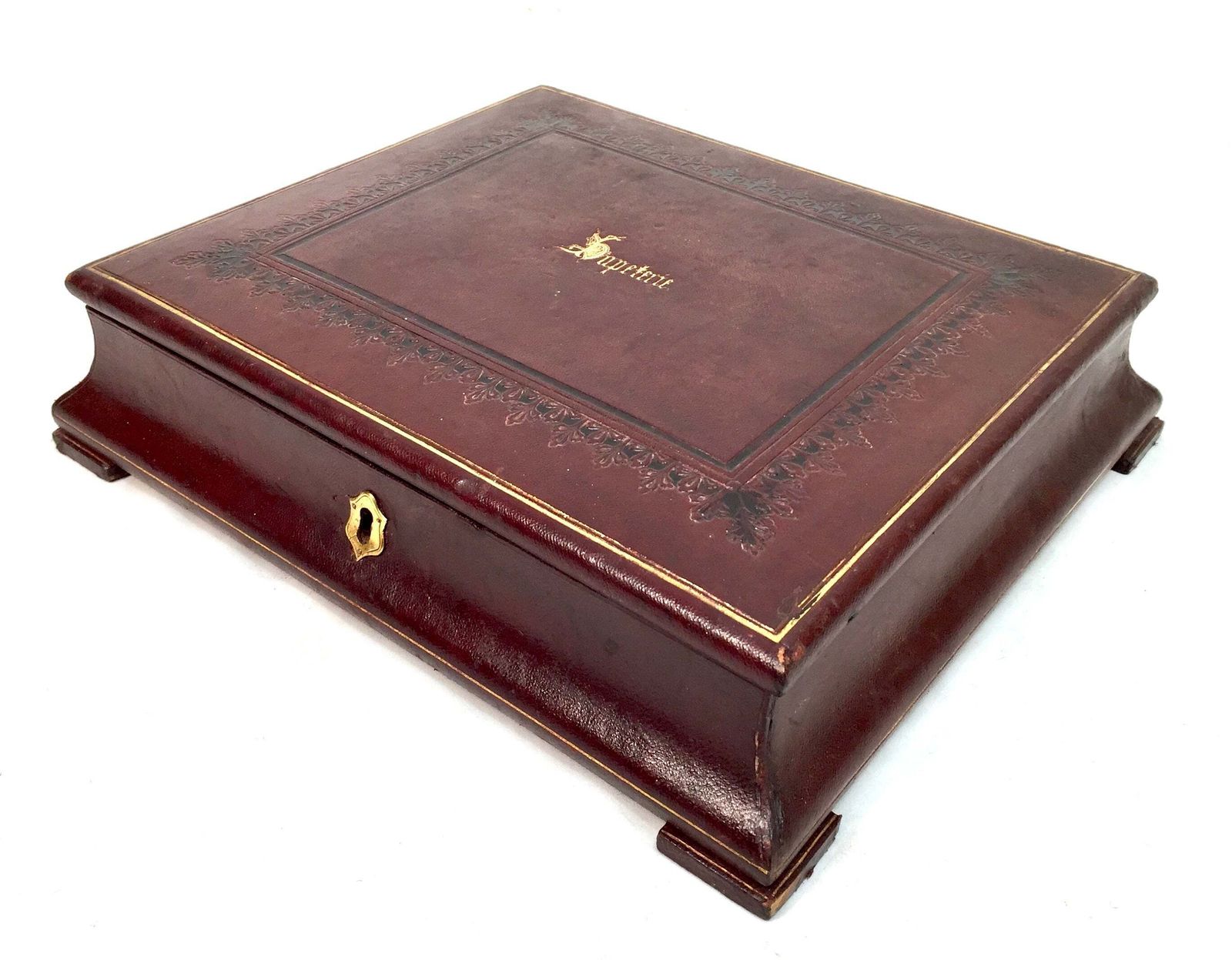 Antique Victorian Burgundy Leather Bound Stationery Box / Writing Storage Chest photo furniture