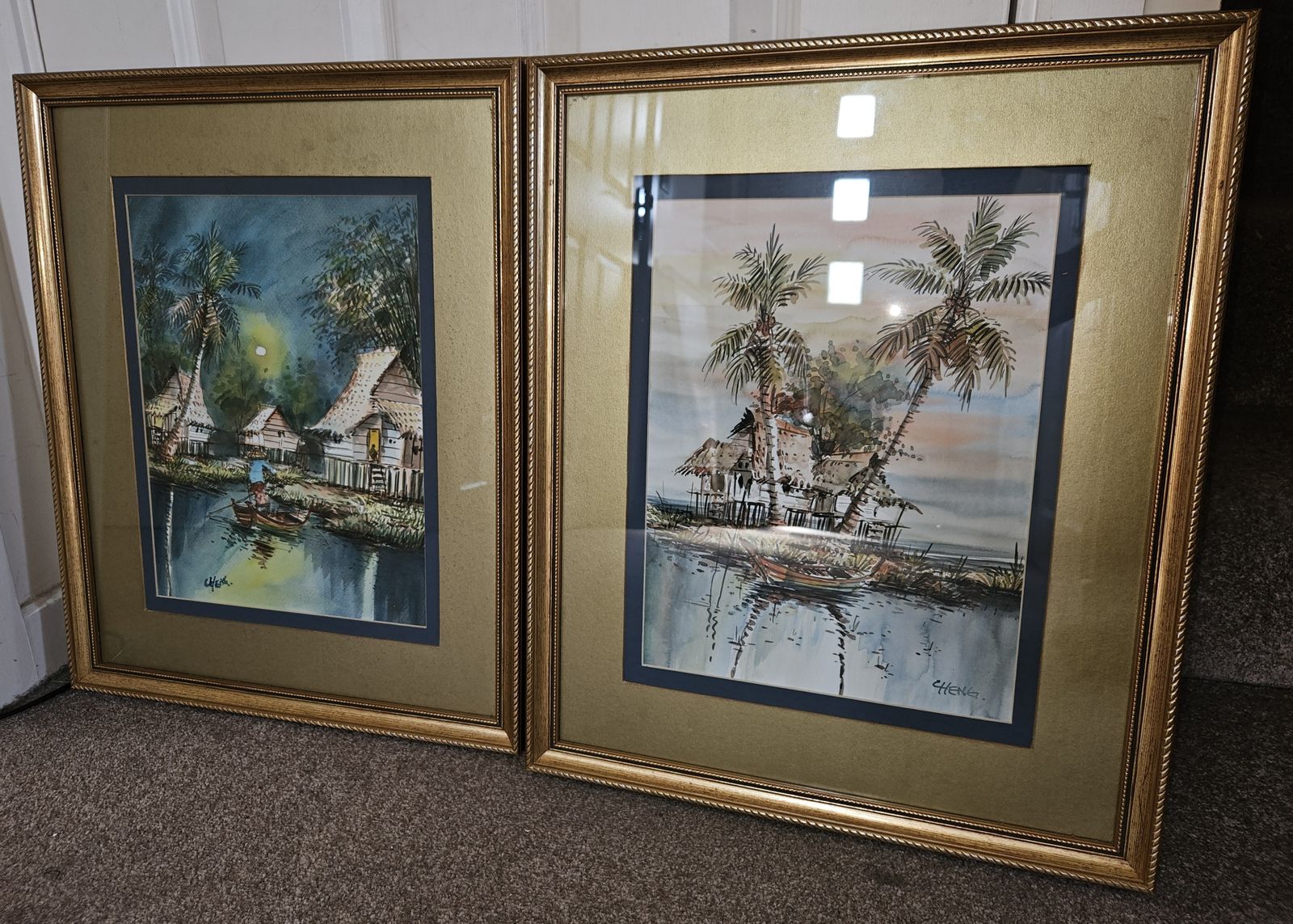 Original Watercolor Paintings Of Lake Scenes By Artist Cheng Gold Frames X 2