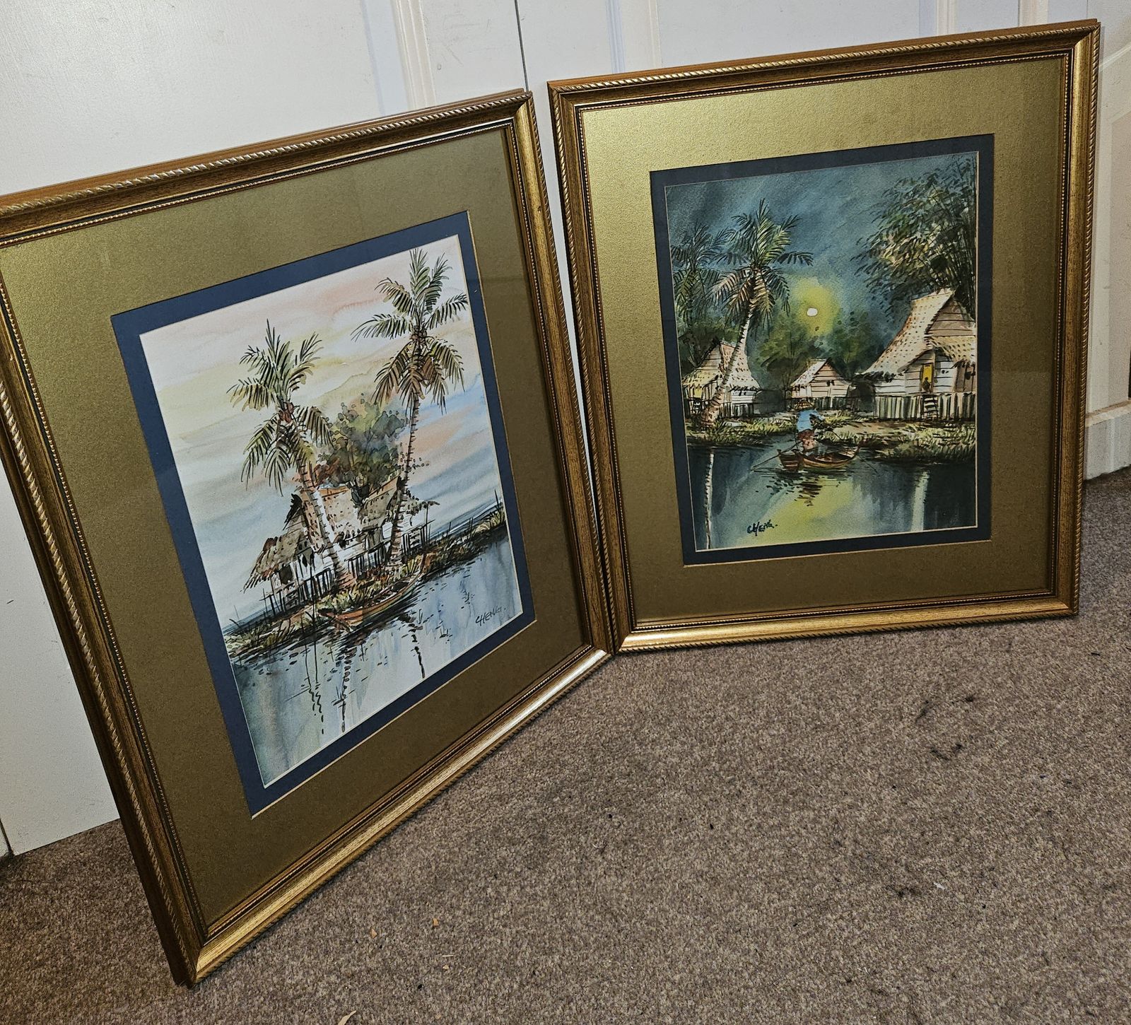 Original Watercolor Paintings Of Lake Scenes By Artist Cheng Gold Frames X 2 photo furniture