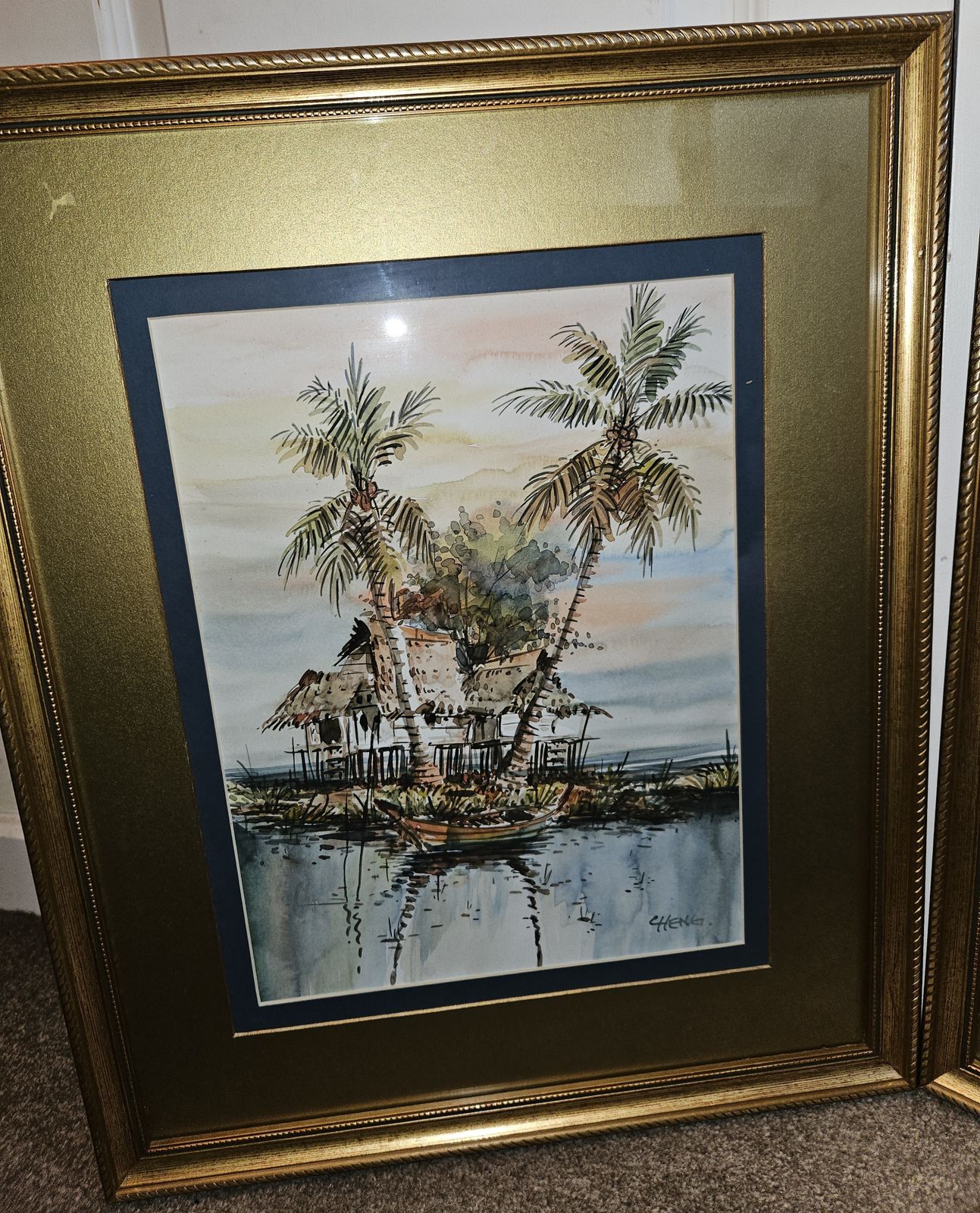Original Watercolor Paintings Of Lake Scenes By Artist Cheng Gold Frames X 2 photo Art