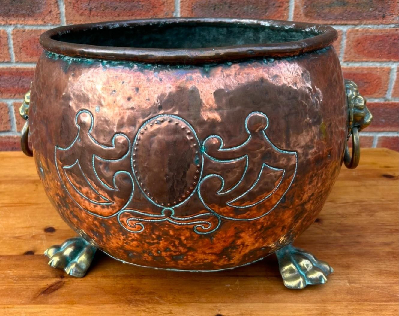 Antique 19th Century Arts & Crafts Copper Lions Head & Paw Log Bucket Planter photo furniture