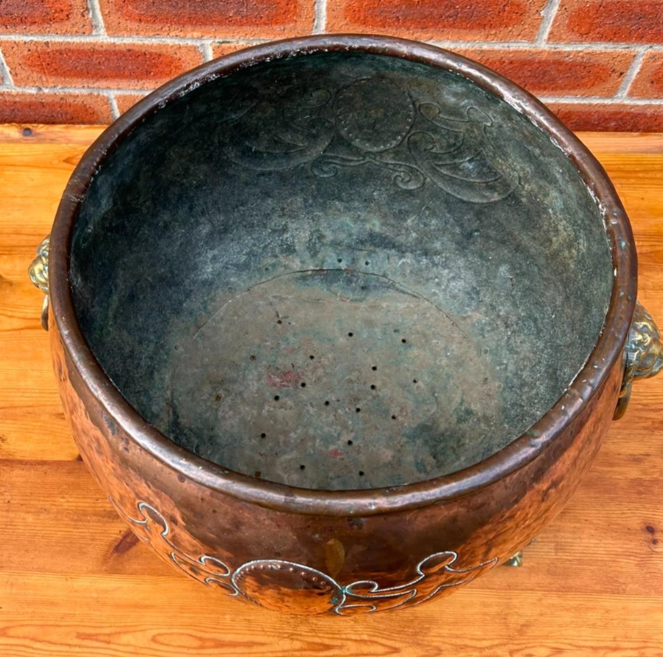 Antique 19th Century Arts & Crafts Copper Lions Head & Paw Log Bucket Planter photo for sale