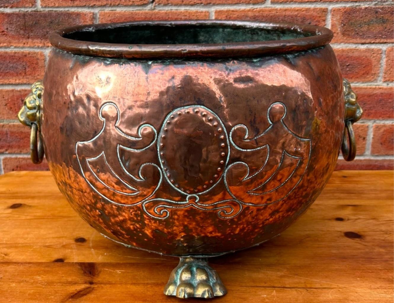 Antique 19th Century Arts & Crafts Copper Lions Head & Paw Log Bucket Planter photo vintage