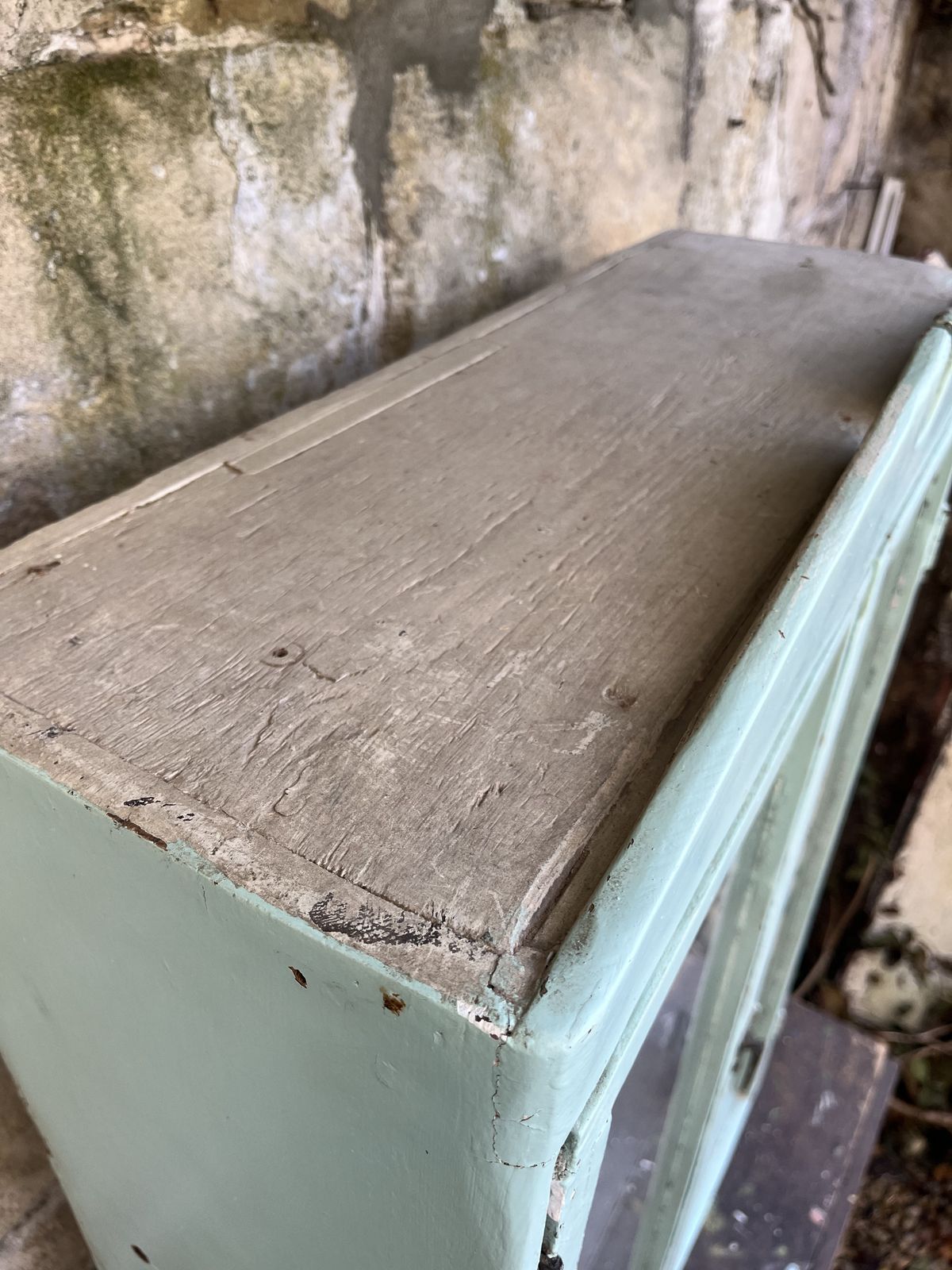 photo for sale Rustic Glazed Wall Cabinet In Pale Blue And White Paint