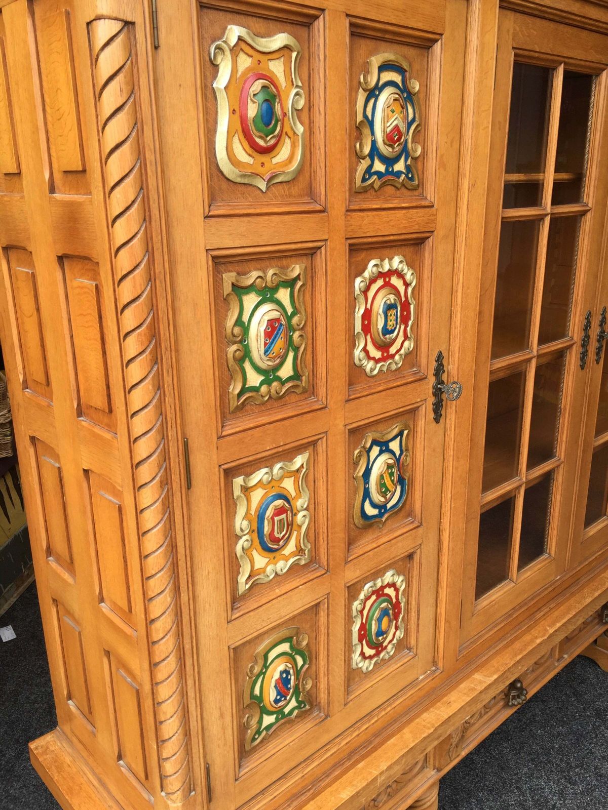 Antique Large Oak Wooden Glazed Fronted Carved Bookcase Storage Cabinet Cupboard photo furniture