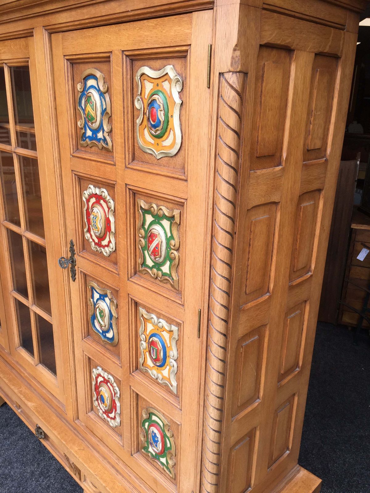 photo for sale Antique Large Oak Wooden Glazed Fronted Carved Bookcase Storage Cabinet Cupboard