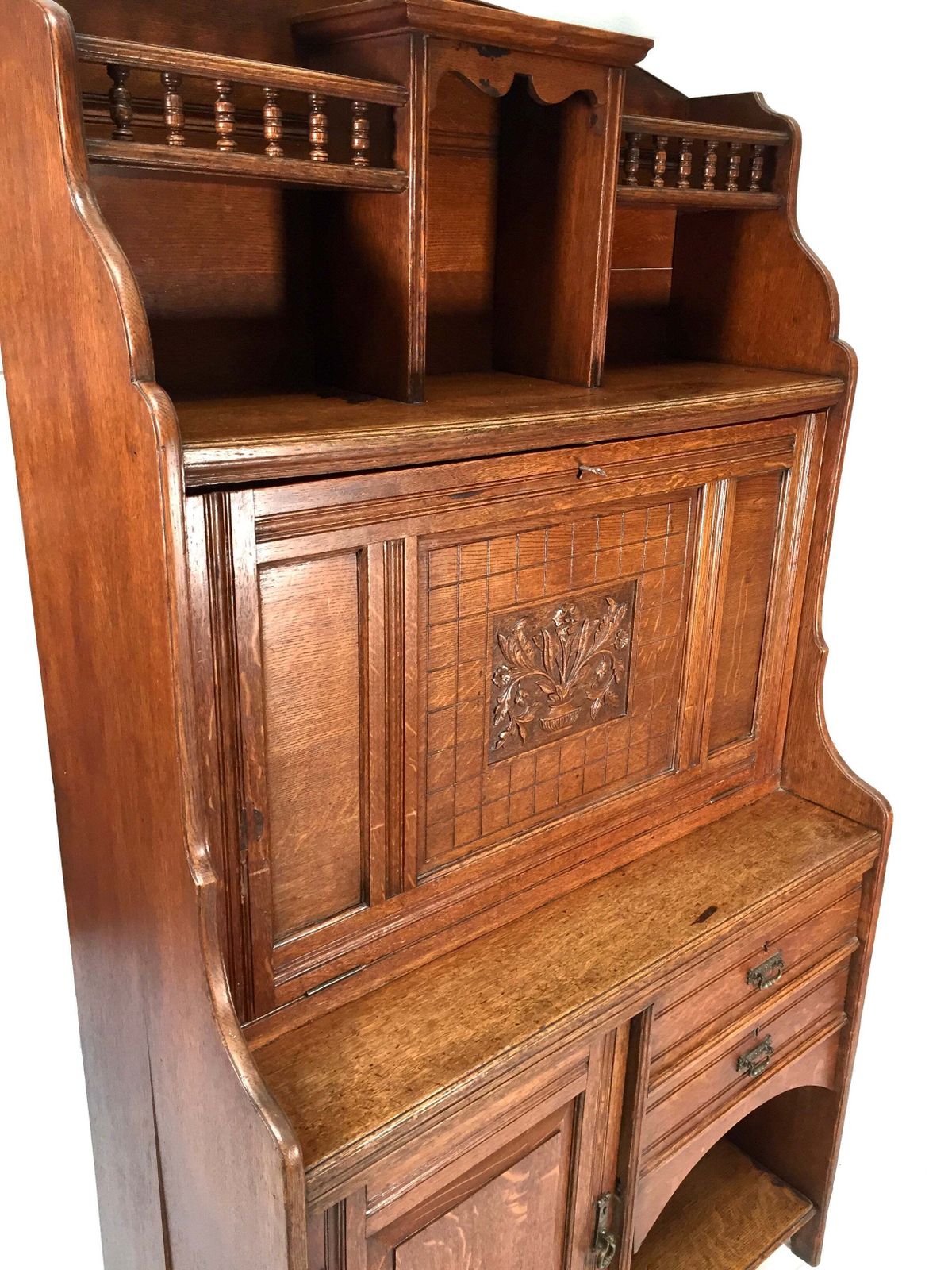 Antique Arts & Crafts Oak Wooden Bureau Storage Cabinet Bookcase By Trevor Page photo for sale