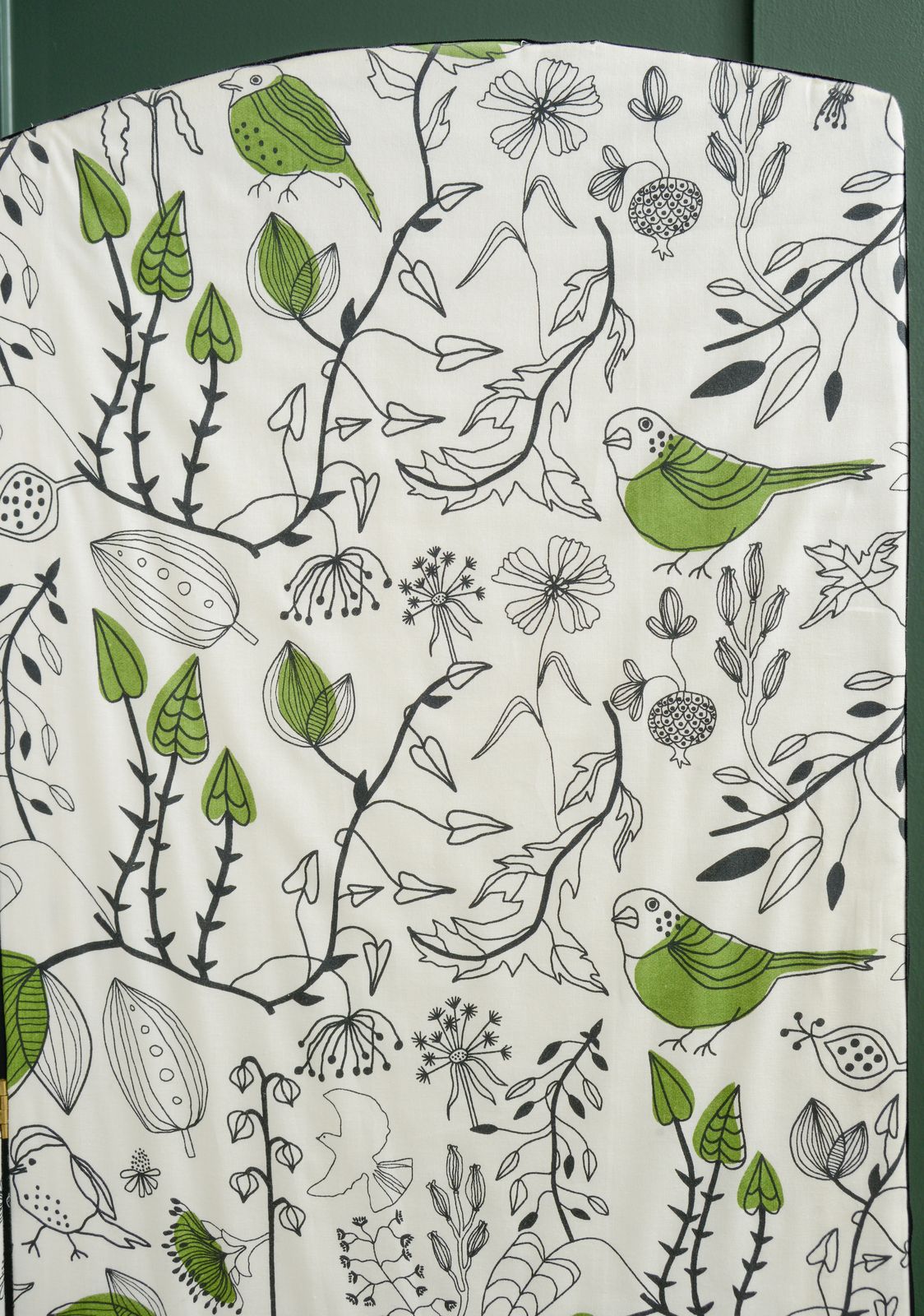 Fabric Panel Folding Room Divider With Ikea Green Birds Fabric photo vintage
