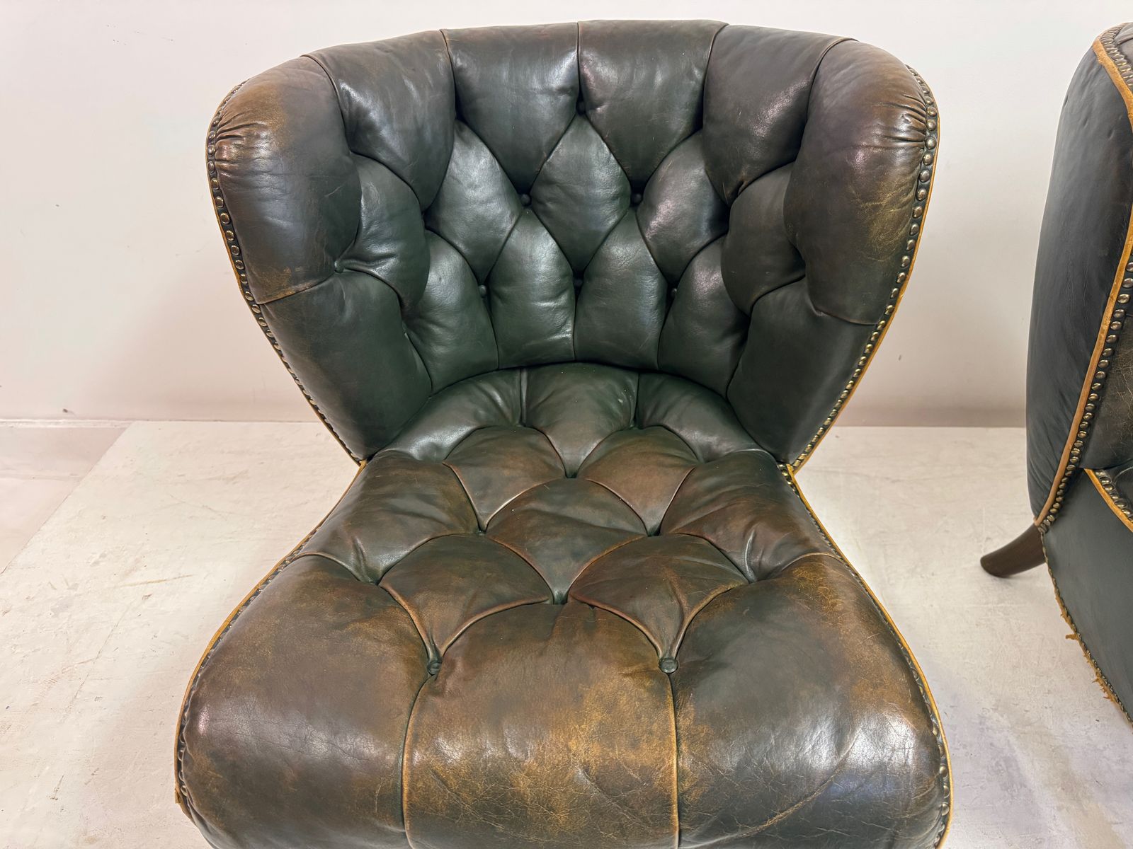 Pair Of 1940s Danish Lounge Slipper Chairs In Green Patinated Leather photo vintage