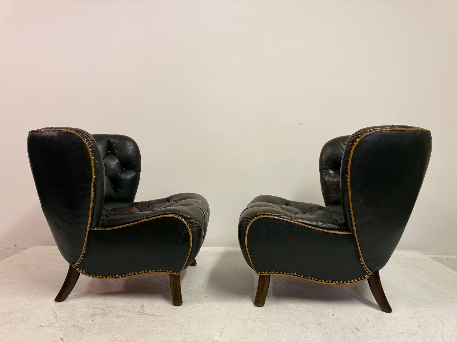 photo buy Pair Of 1940s Danish Lounge Slipper Chairs In Green Patinated Leather