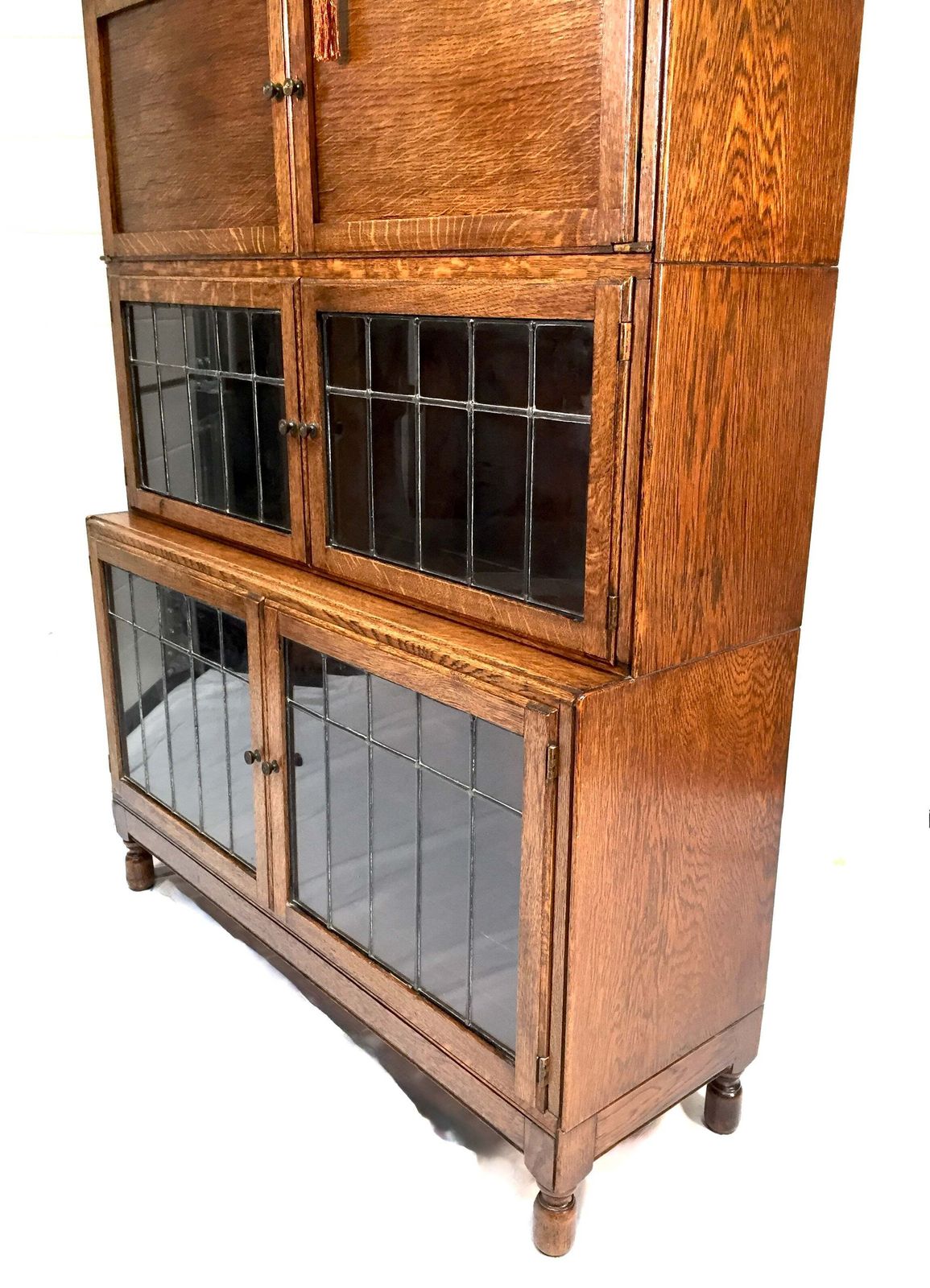 Antique 1930s Minty Oak Leaded Glass Fronted Sectional Bookcase & Bureau Cabinet photo furniture