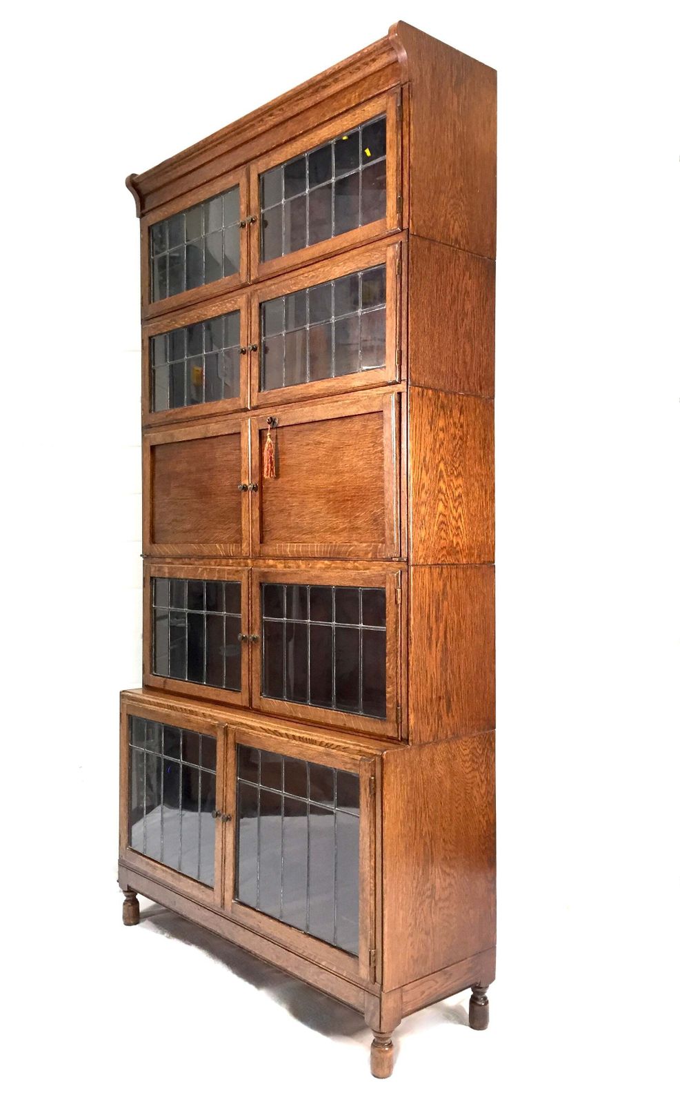 Antique 1930s Minty Oak Leaded Glass Fronted Sectional Bookcase & Bureau Cabinet photo for sale