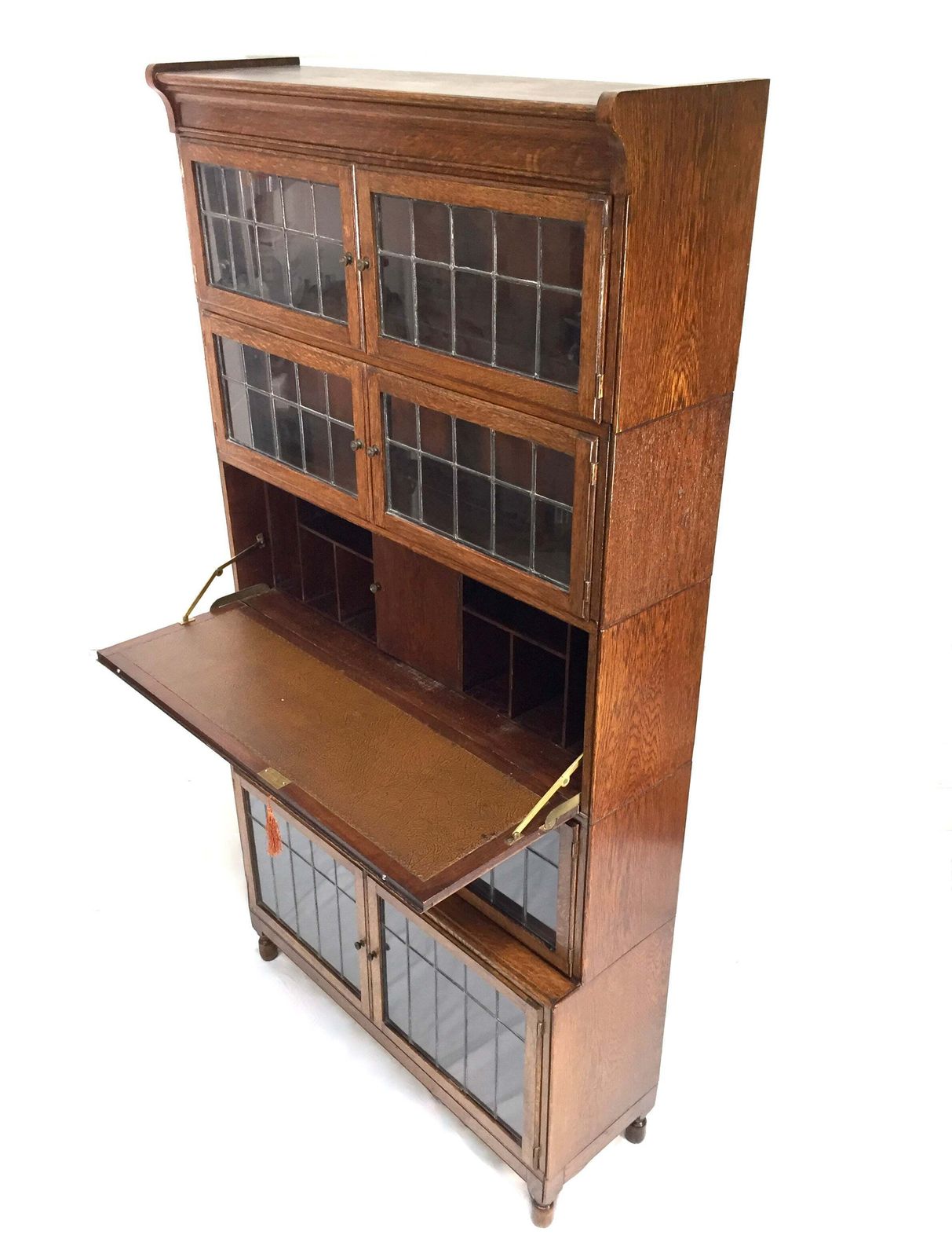 Antique 1930s Minty Oak Leaded Glass Fronted Sectional Bookcase & Bureau Cabinet photo buy