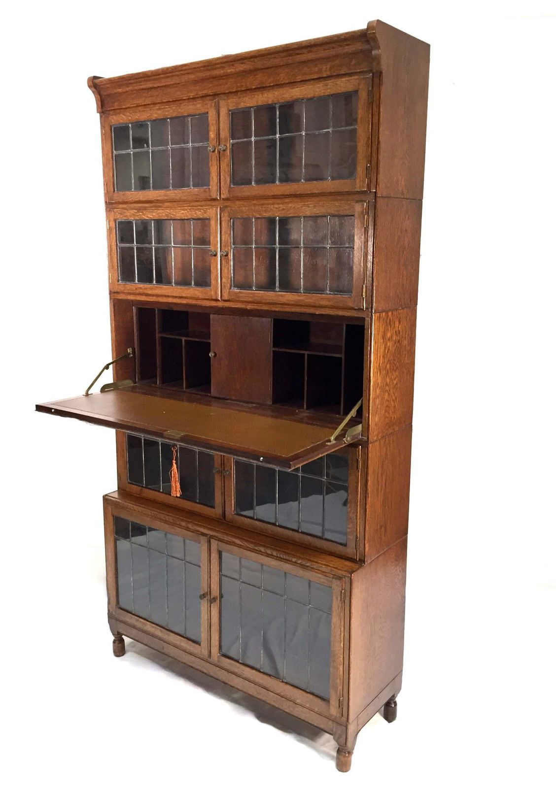 photo for sale Antique 1930s Minty Oak Leaded Glass Fronted Sectional Bookcase & Bureau Cabinet